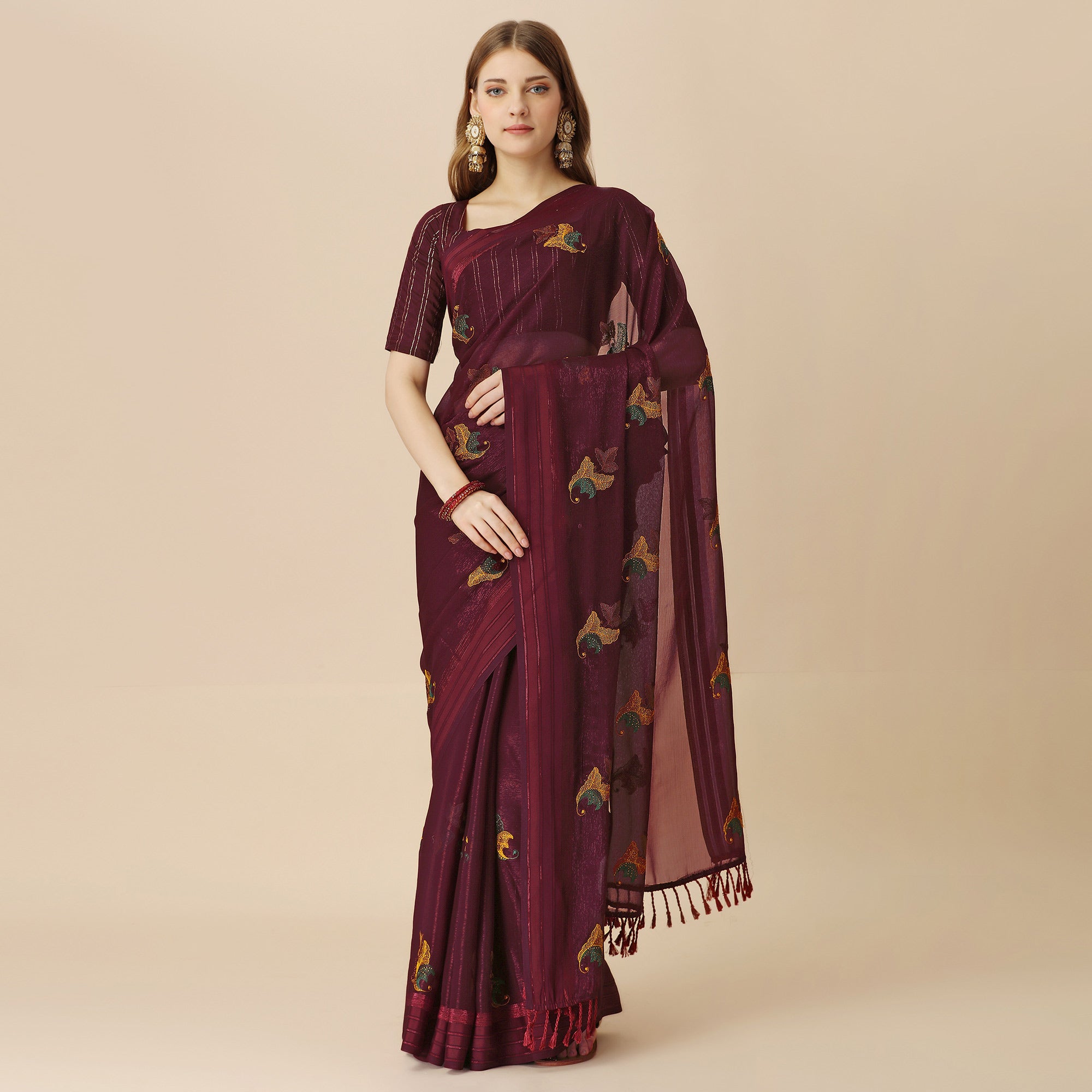 Maroon Floral Embroidered Chiffon Saree With With Tassels