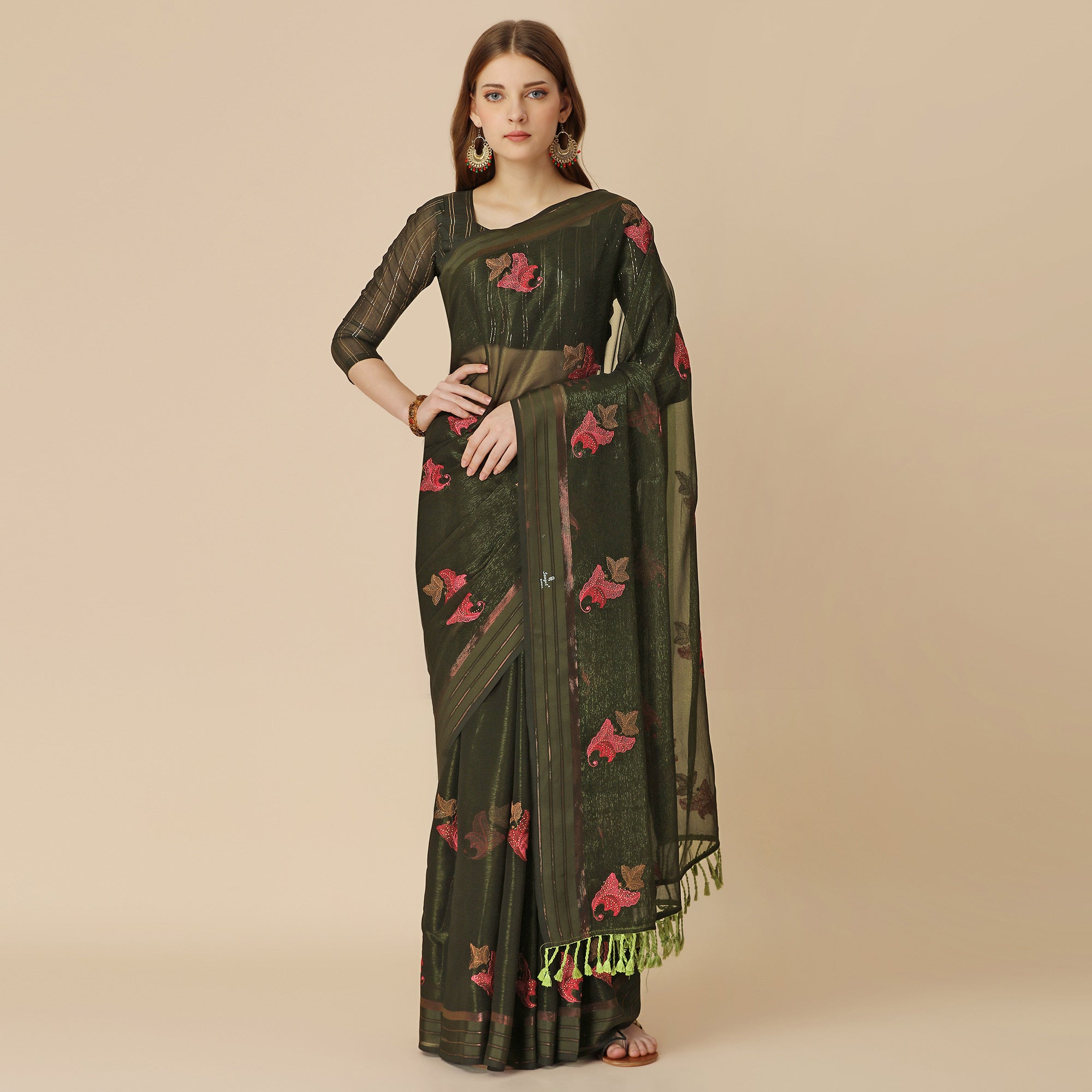 Dark Green Floral Embroidered Chiffon Saree With With Tassels