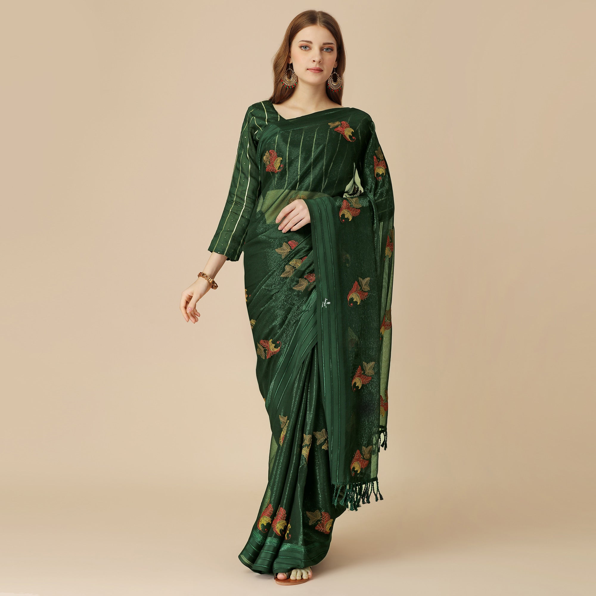 Green Floral Embroidered Chiffon Saree With With Tassels