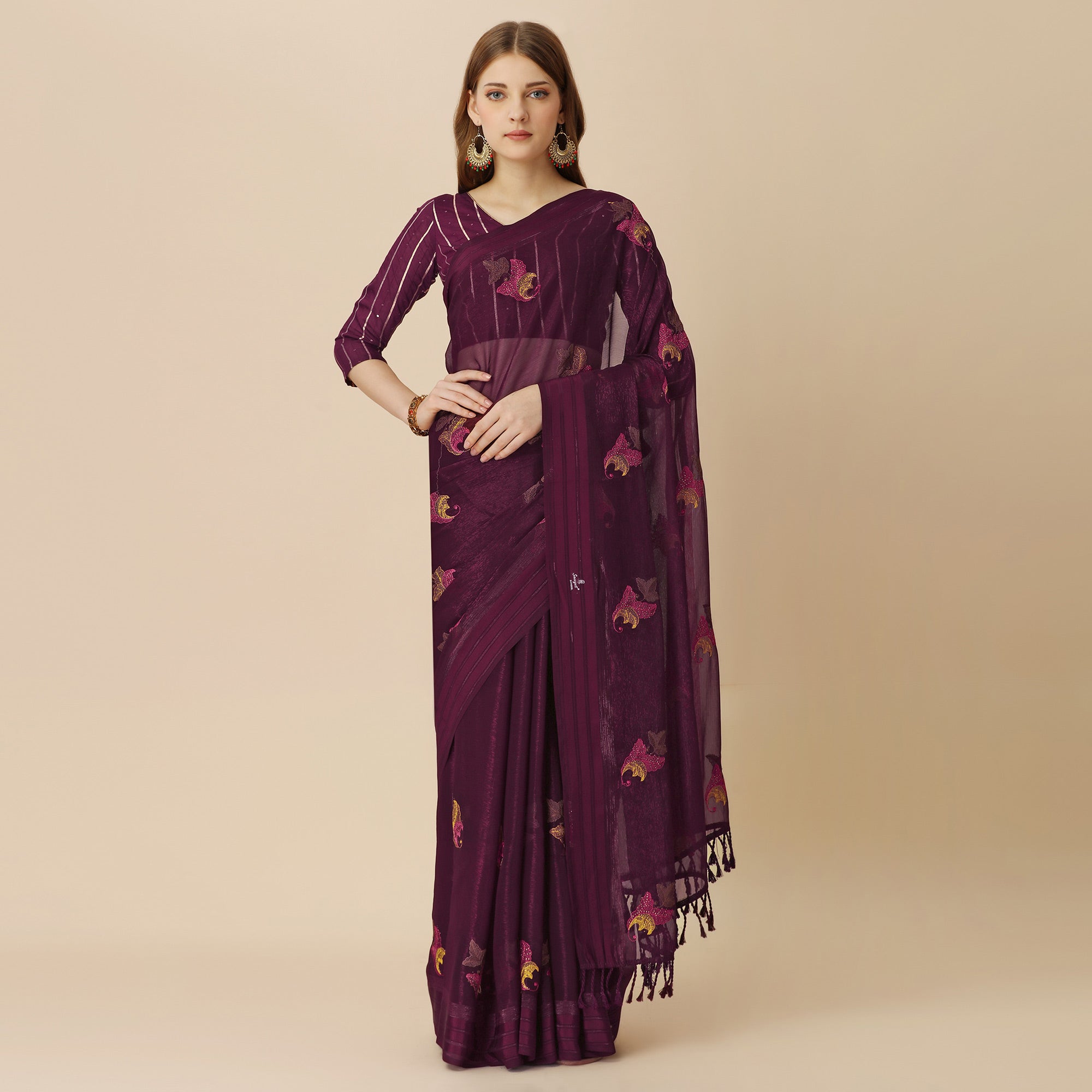 Burgundy Floral Embroidered Chiffon Saree With With Tassels