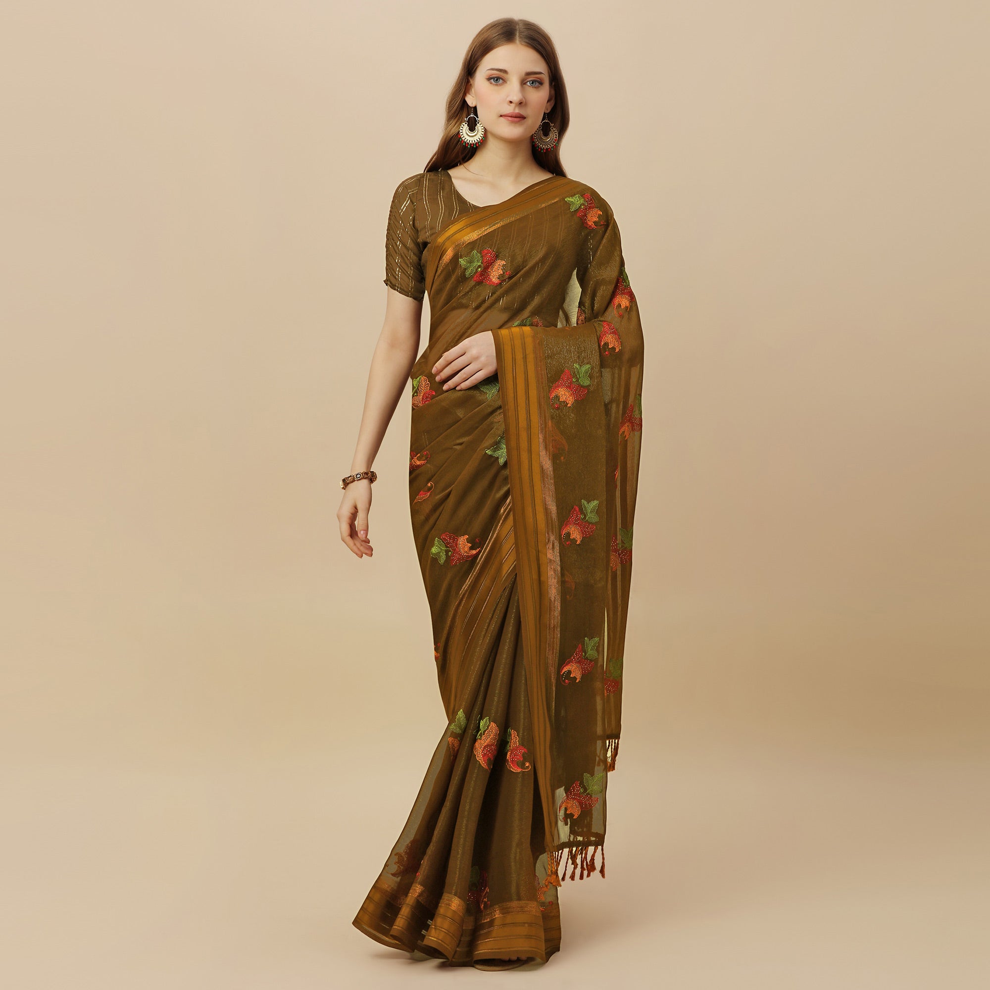 Mehendi Green Floral Embroidered Chiffon Saree With With Tassels