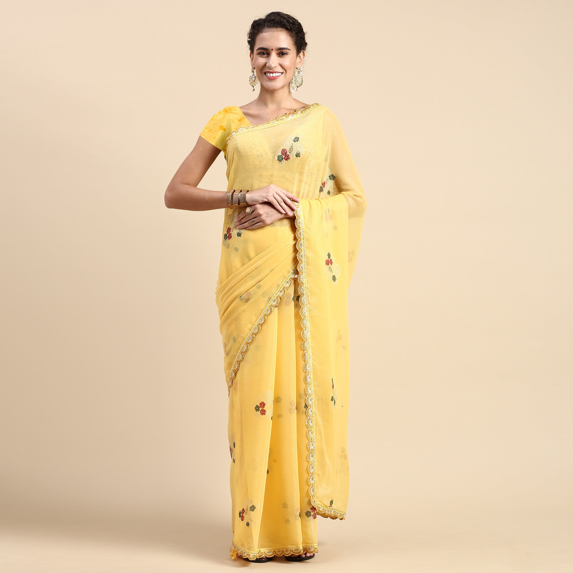 Yellow Foil Printed With Swarovski Shimmer Chiffon Saree