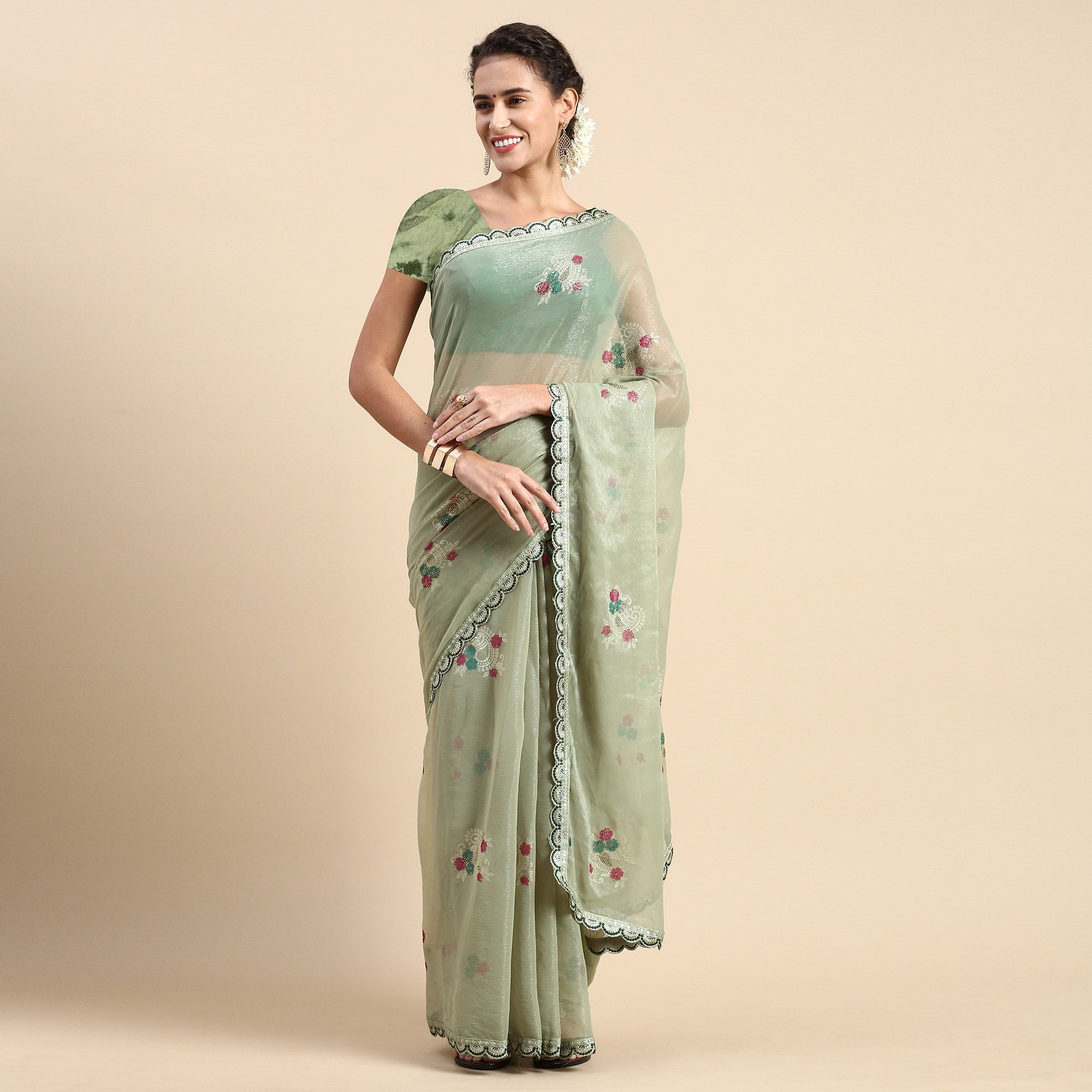 Green Foil Printed With Swarovski Shimmer Chiffon Saree