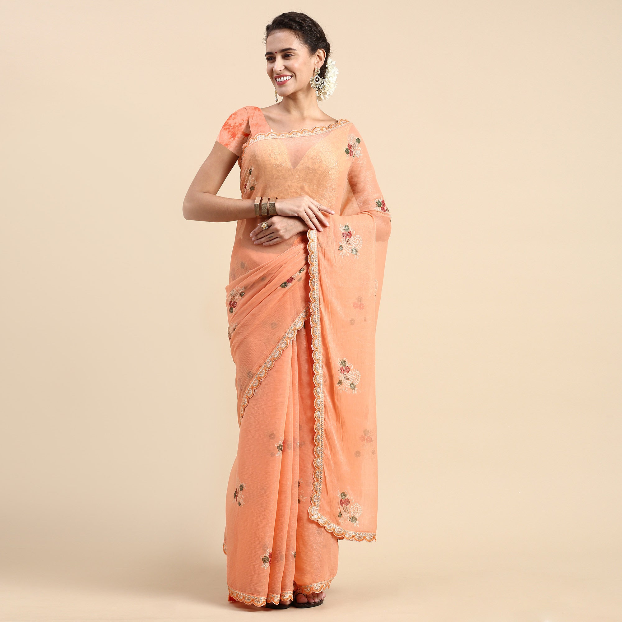 Orange Foil Printed With Swarovski Shimmer Chiffon Saree