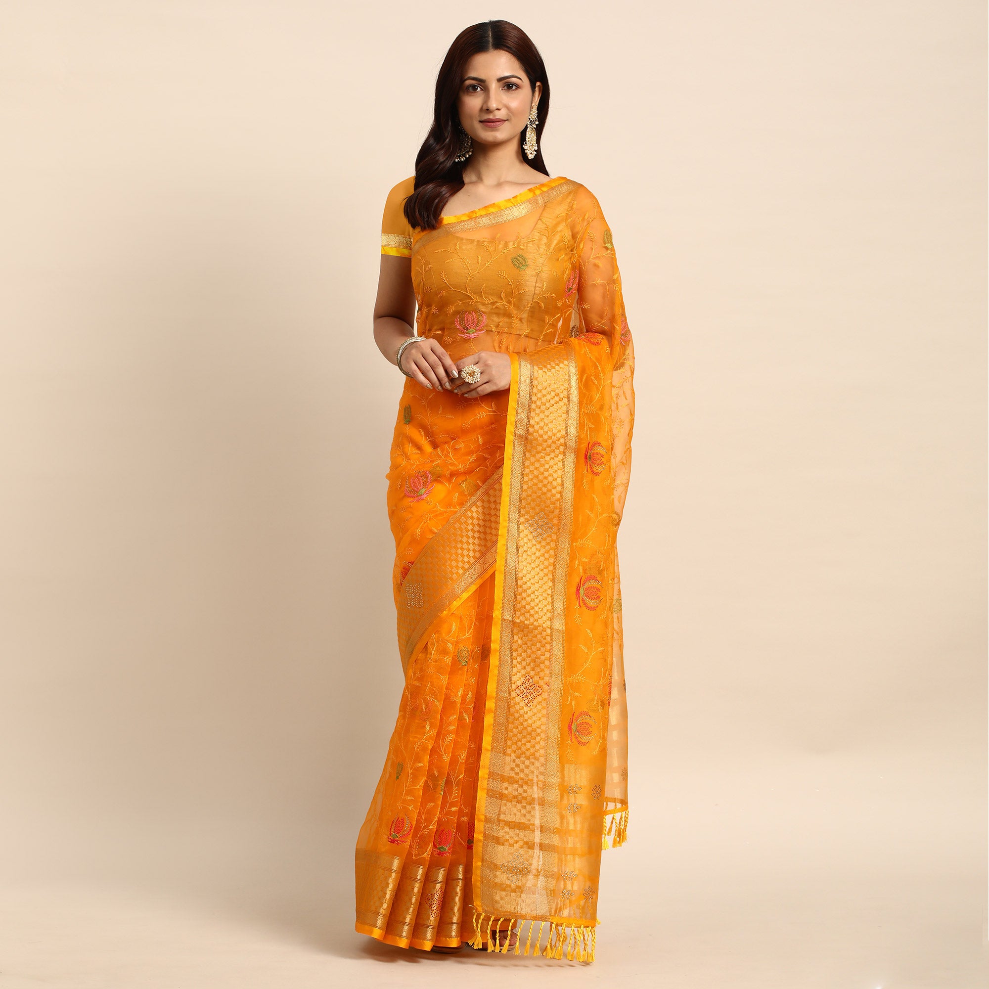 Yellow Floral Embroidered Organza Saree