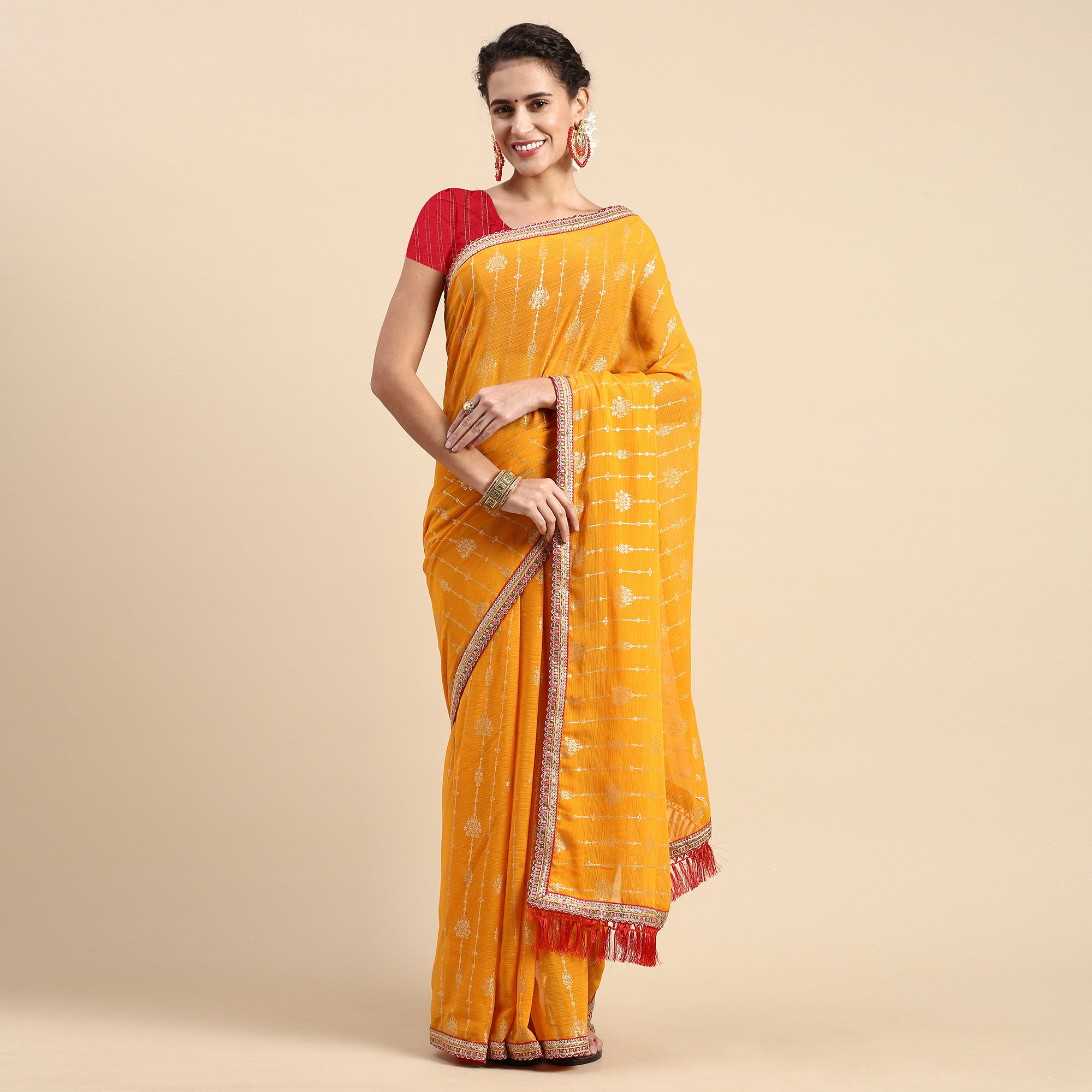 Yellow Foil Printed With Fancy Border Zomato Silk Saree