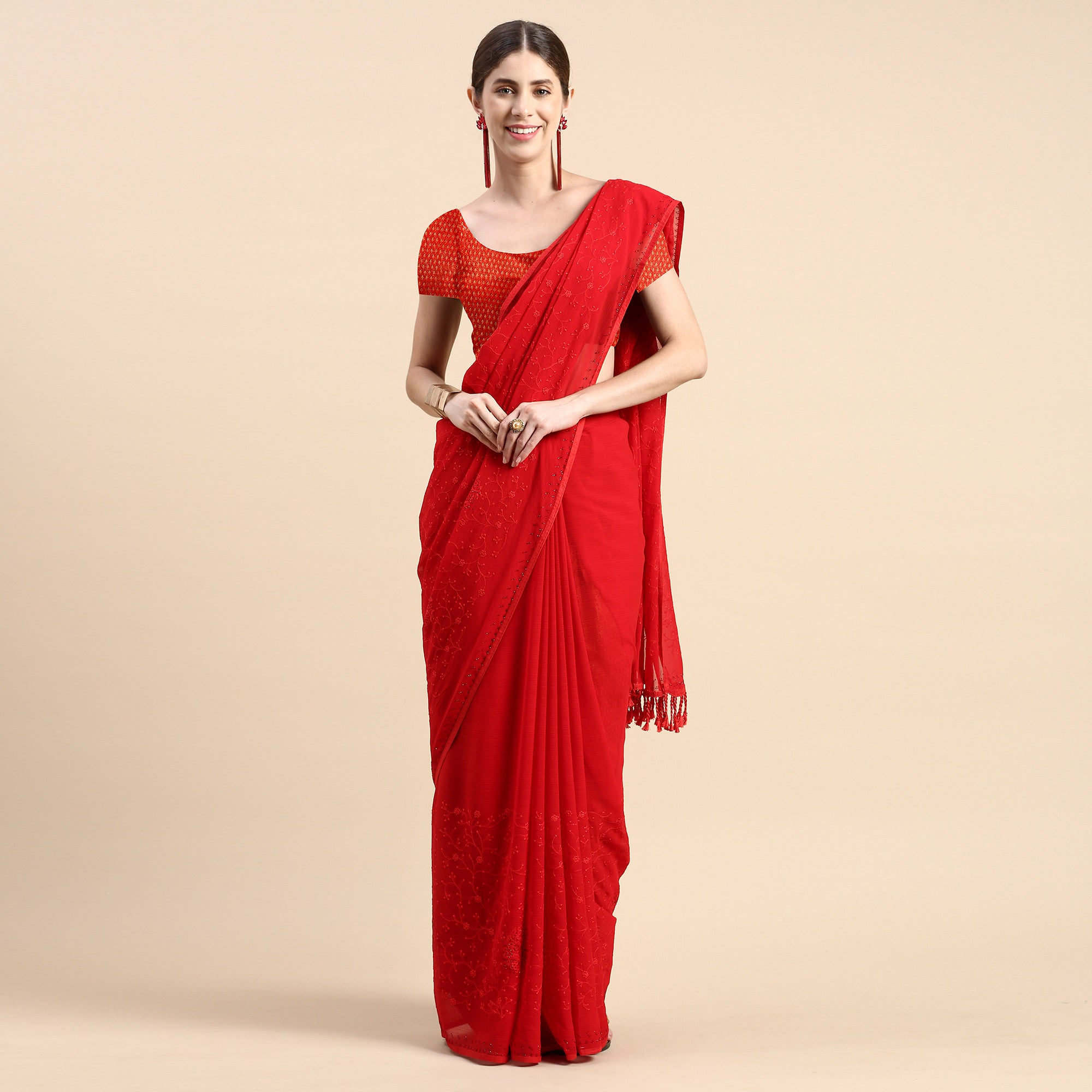Red Floral Embroidered Zomato Silk Saree