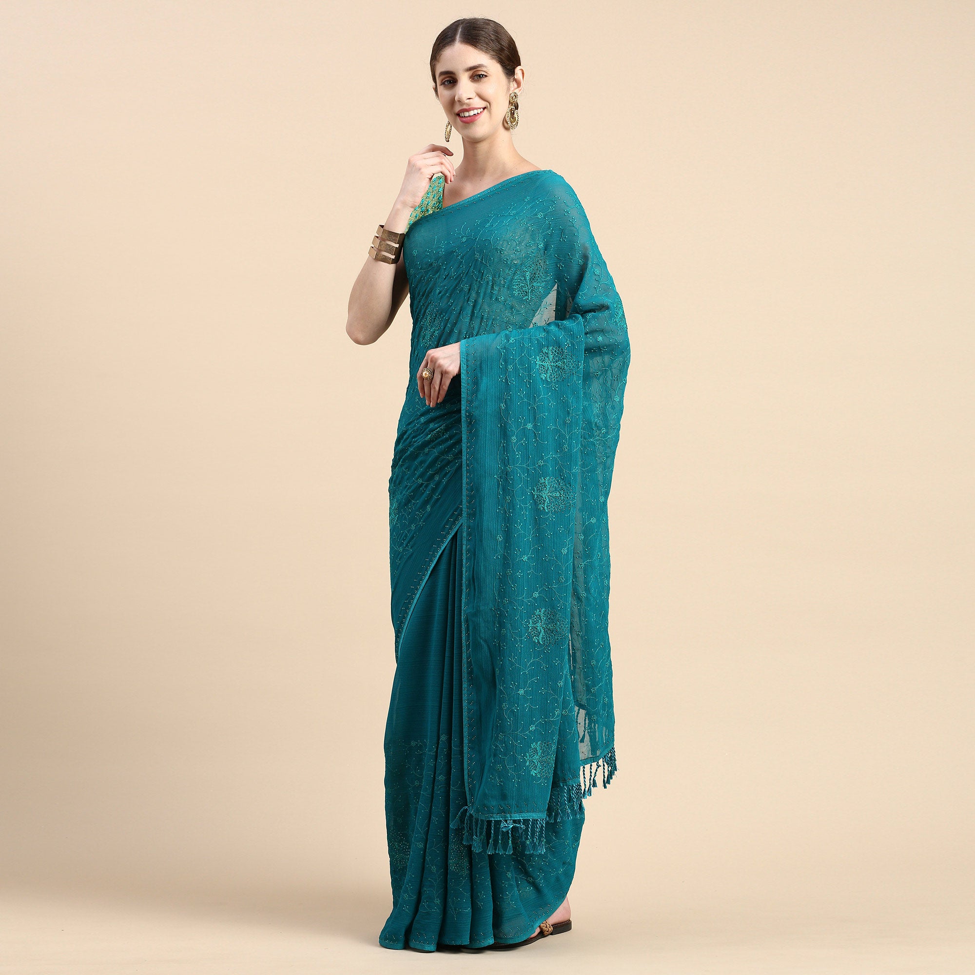 Turquoise Green Floral Embroidered Zomato Silk Saree