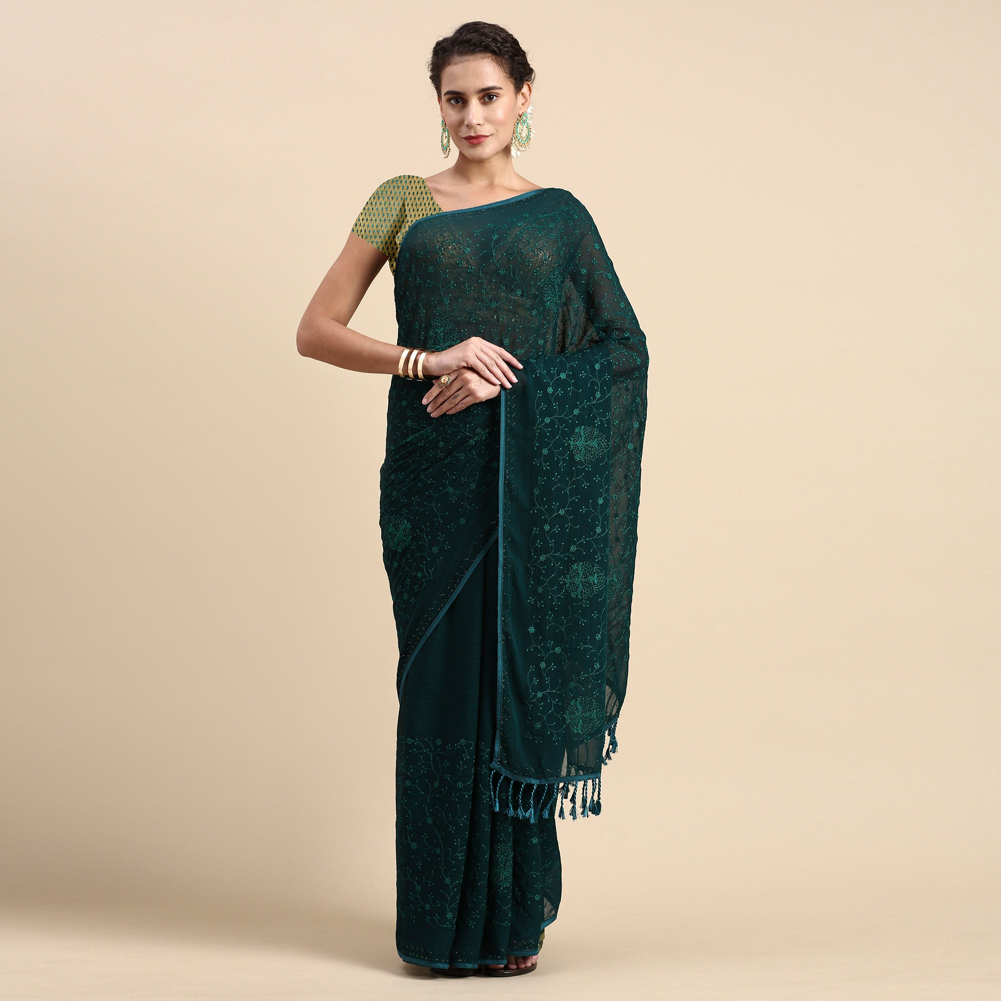 Green Floral Embroidered Zomato Silk Saree