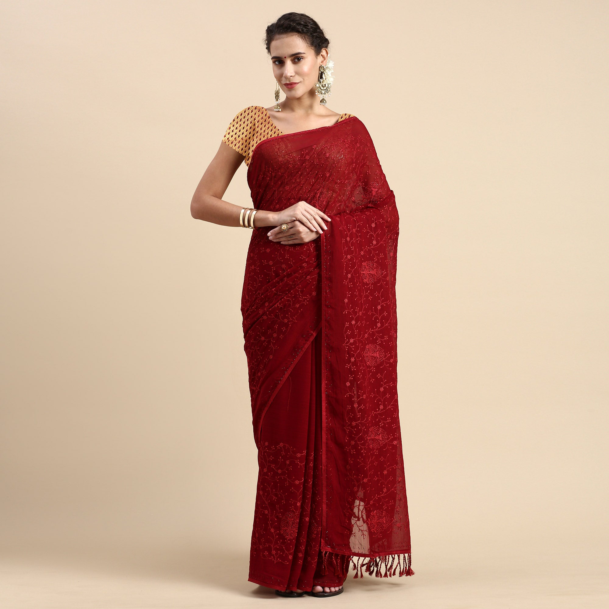 Maroon Floral Embroidered Zomato Silk Saree