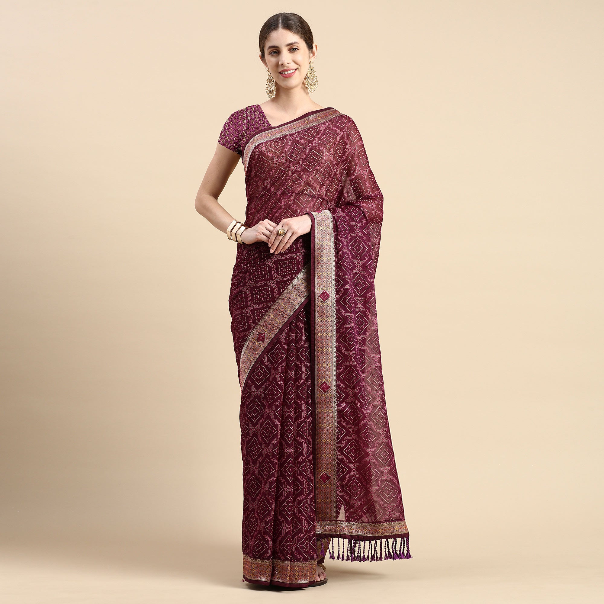 Purple Foil Printed With Fancy Border Chiffon Saree