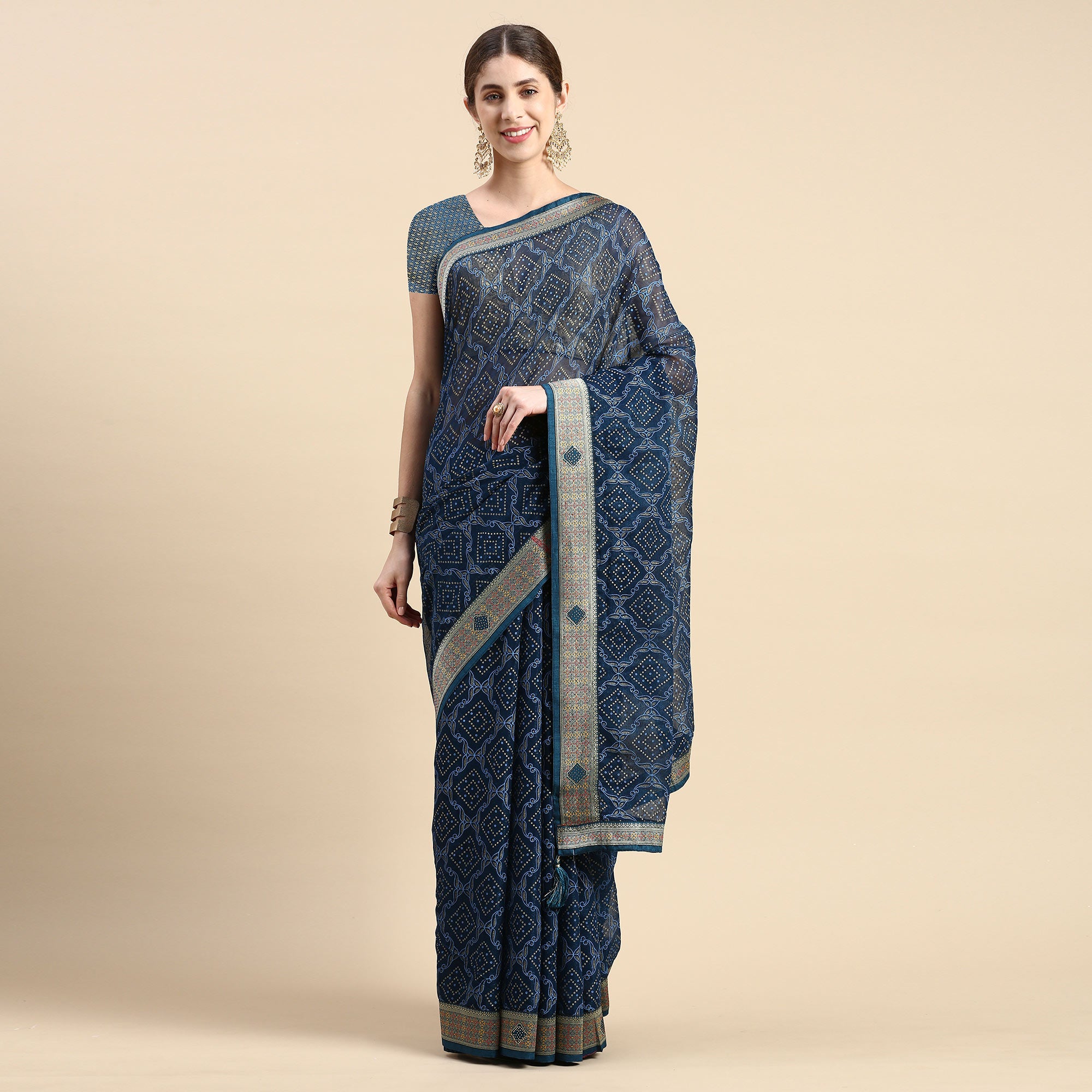 Blue Foil Printed With Fancy Border Chiffon Saree