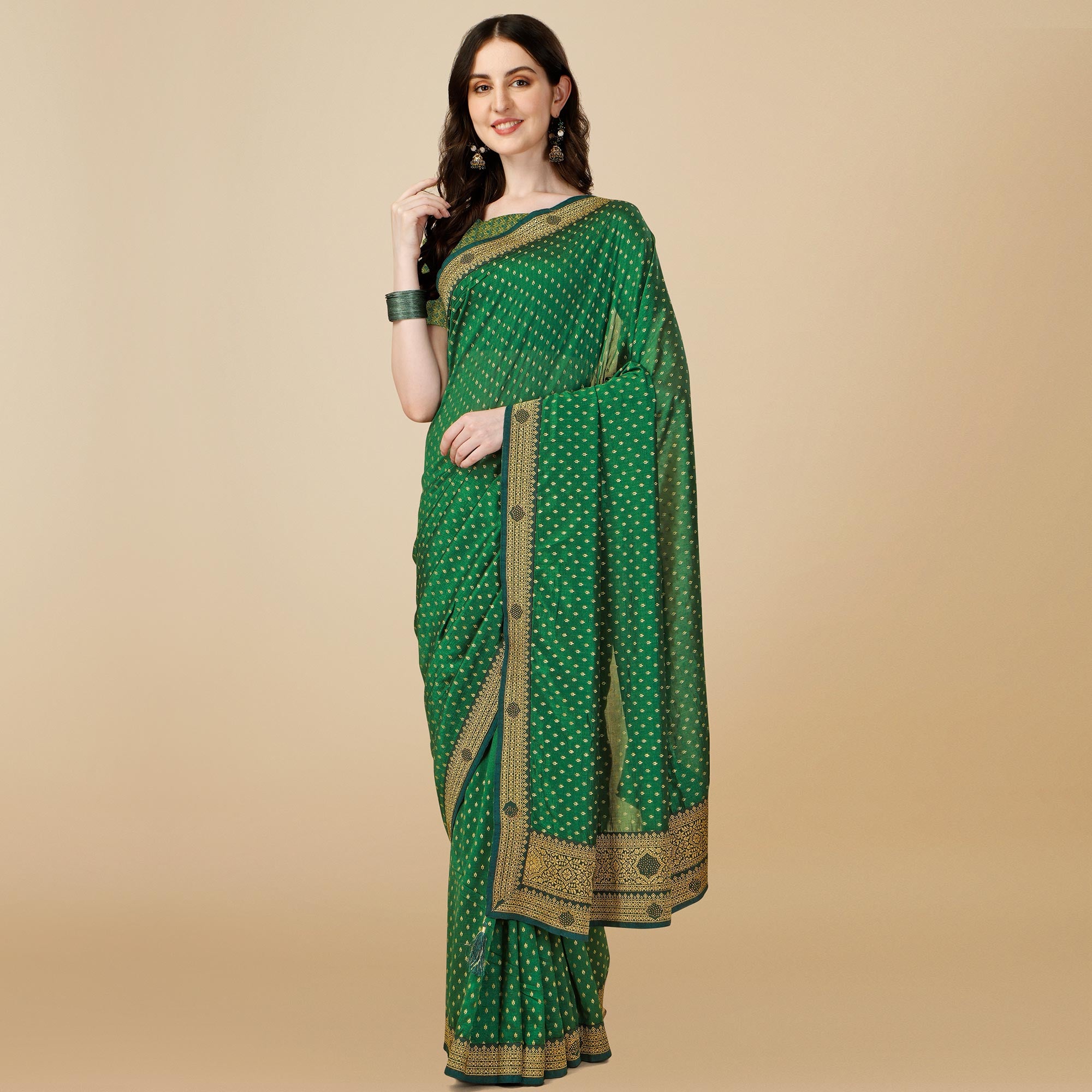 Green Foil Printed With Swarovski Vichitra Silk Saree