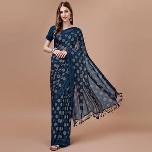 Blue Foil Printed Chiffon Saree With Tassels