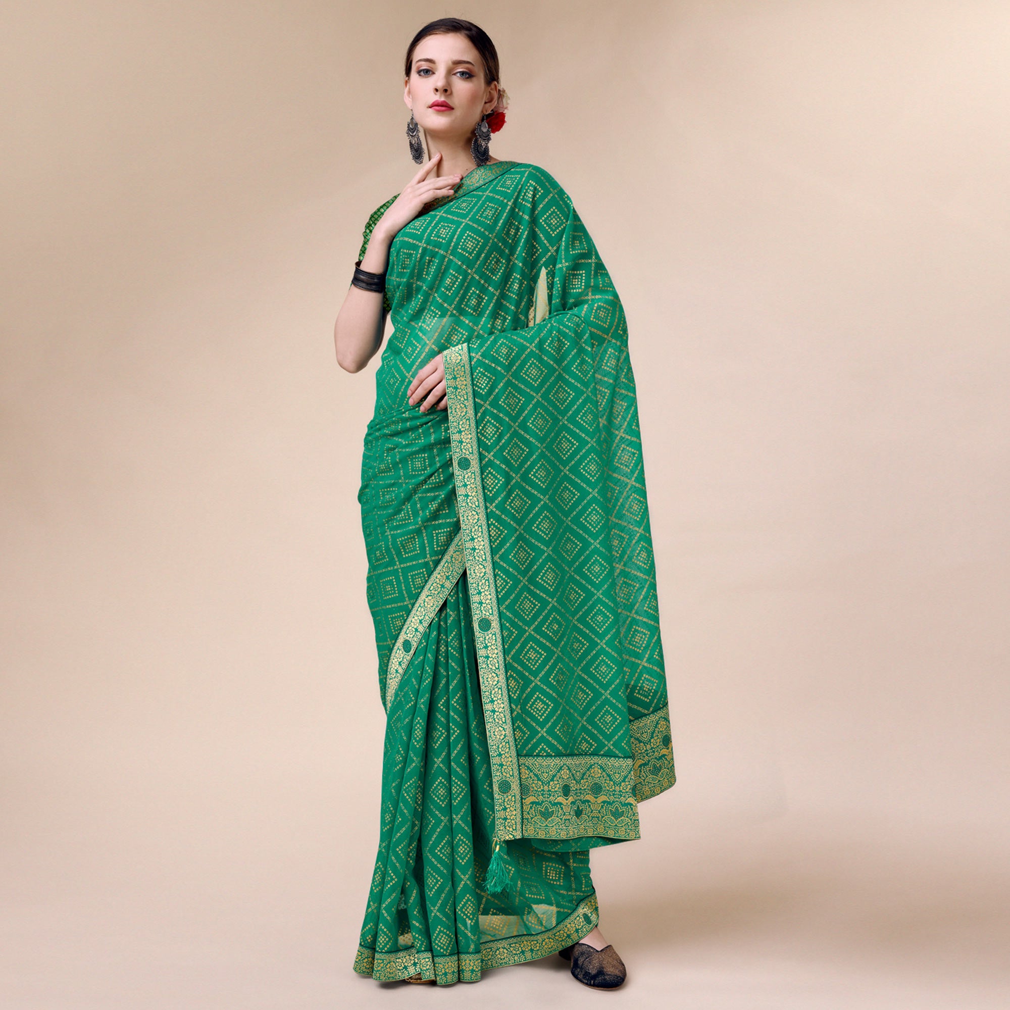 Green Bandhani Foil Printed Chiffon Saree With Tassels