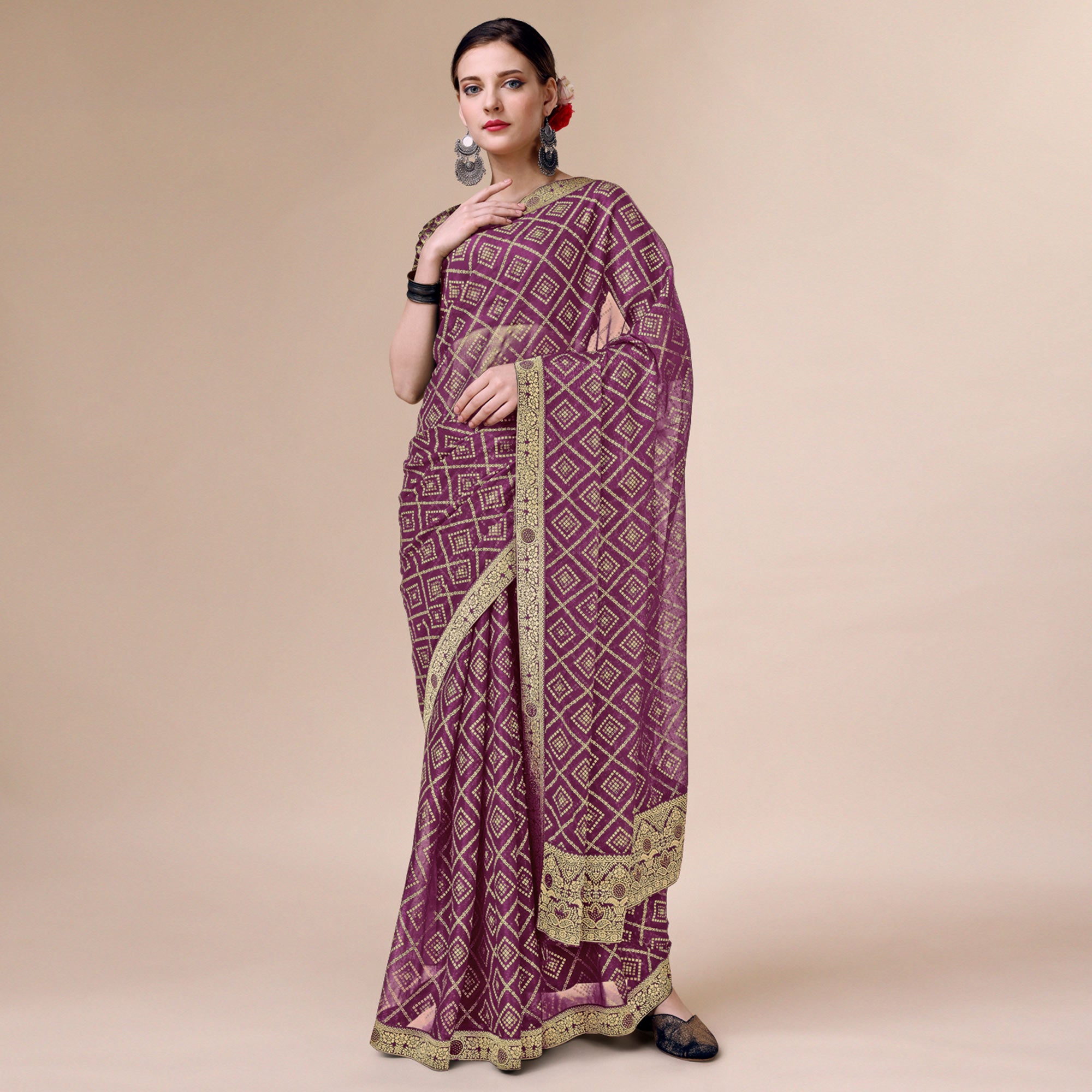 Purple Bandhani Foil Printed Chiffon Saree With Tassels