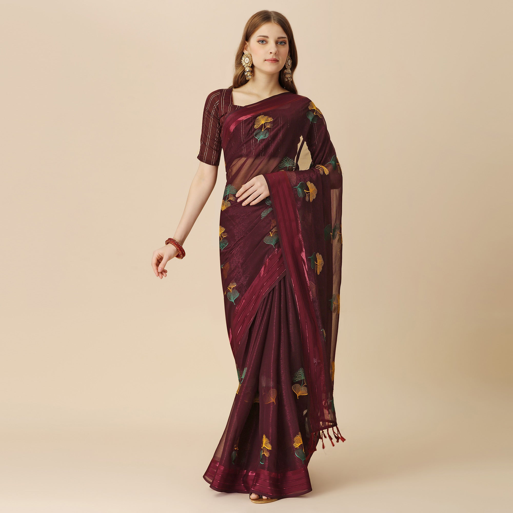 Maroon Floral Embroidered Chiffon Saree With With Tassels