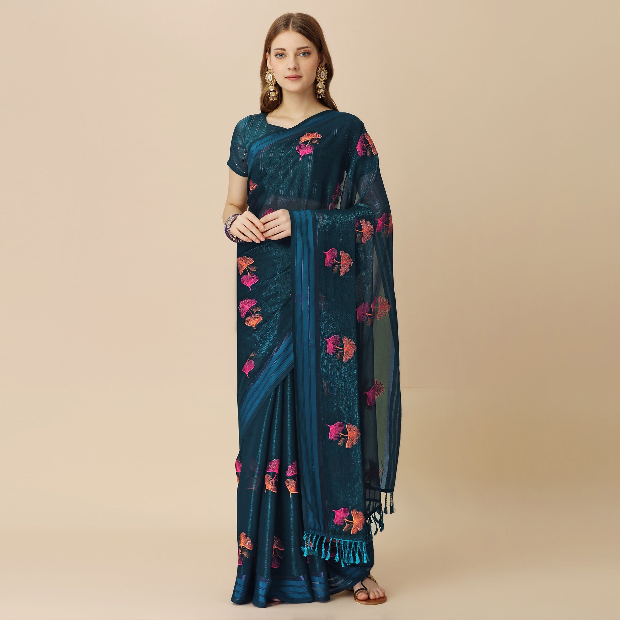 Dark Blue Floral Embroidered Chiffon Saree With With Tassels