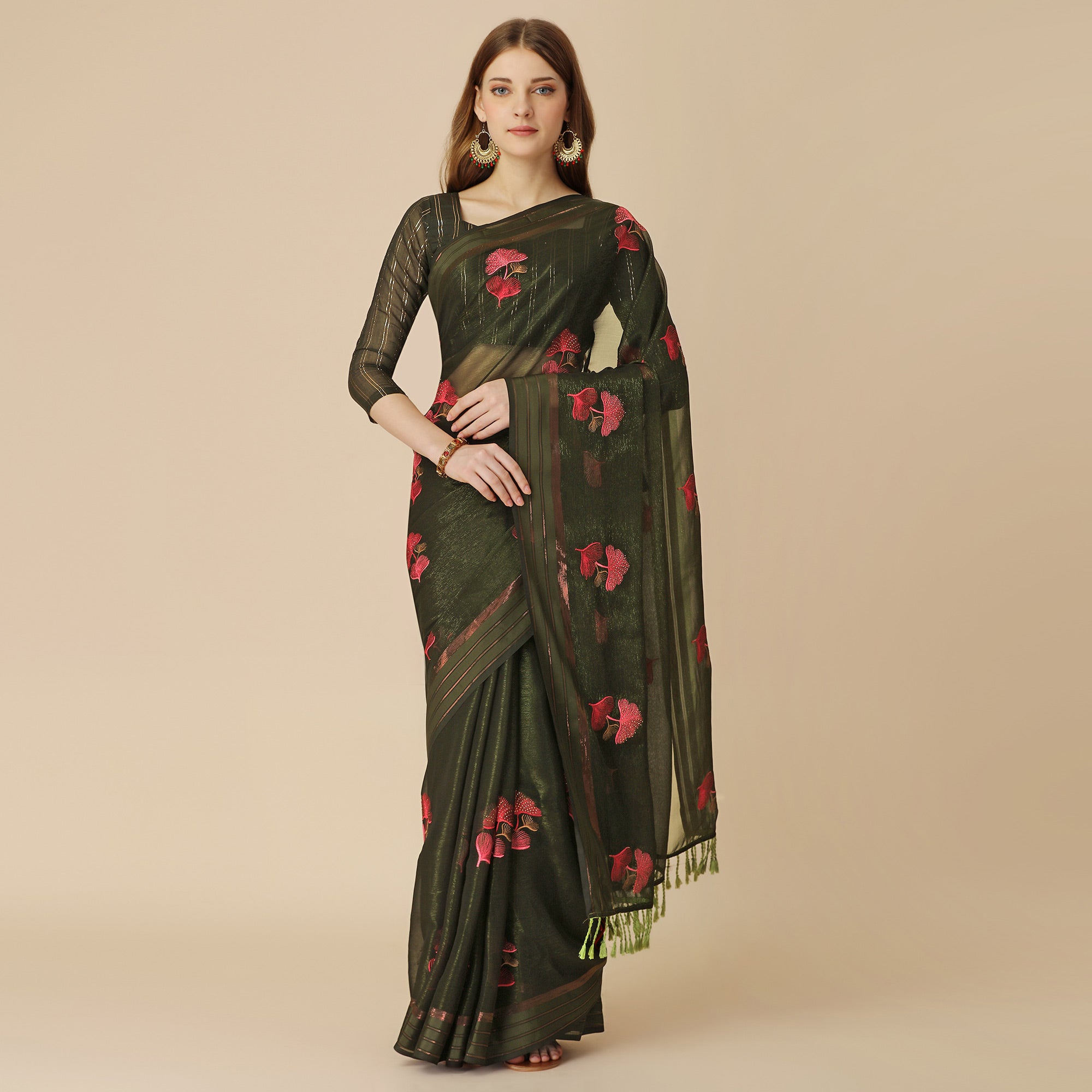 Mehendi Green Floral Embroidered Chiffon Saree With With Tassels