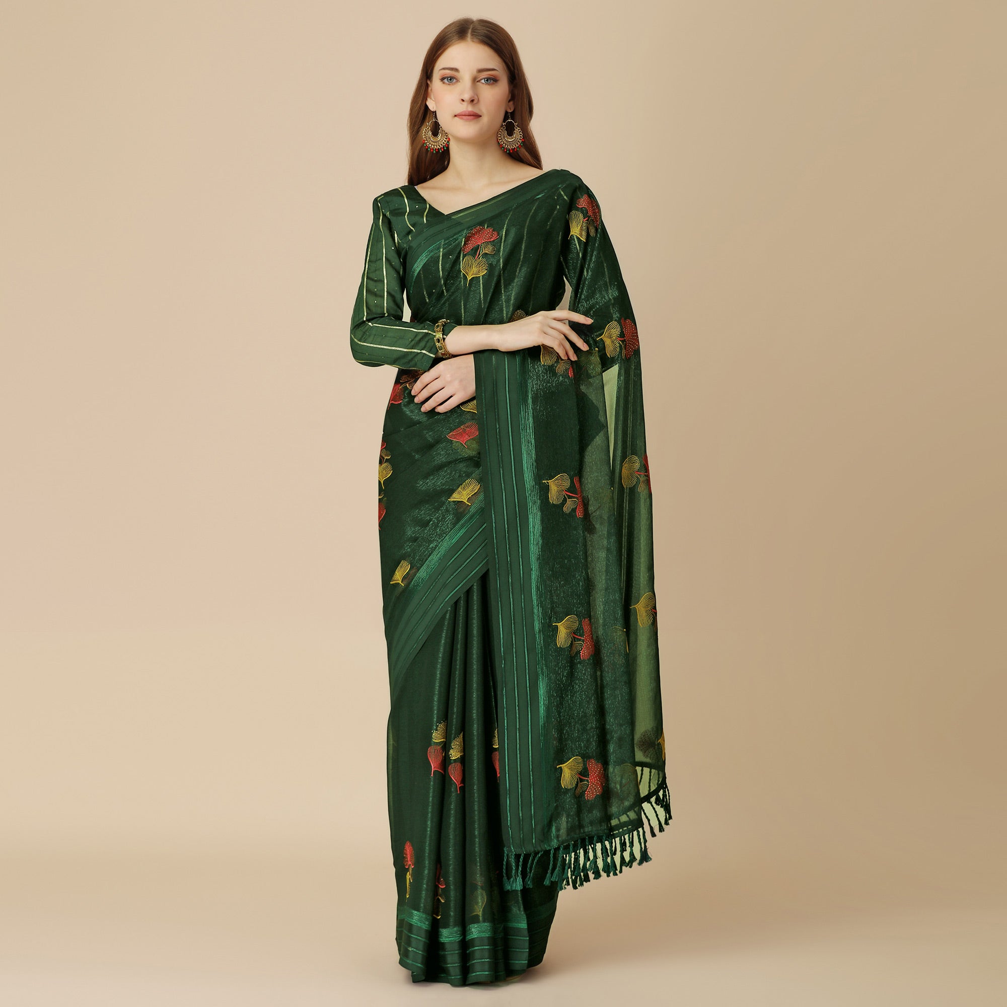 Green Floral Embroidered Chiffon Saree With With Tassels