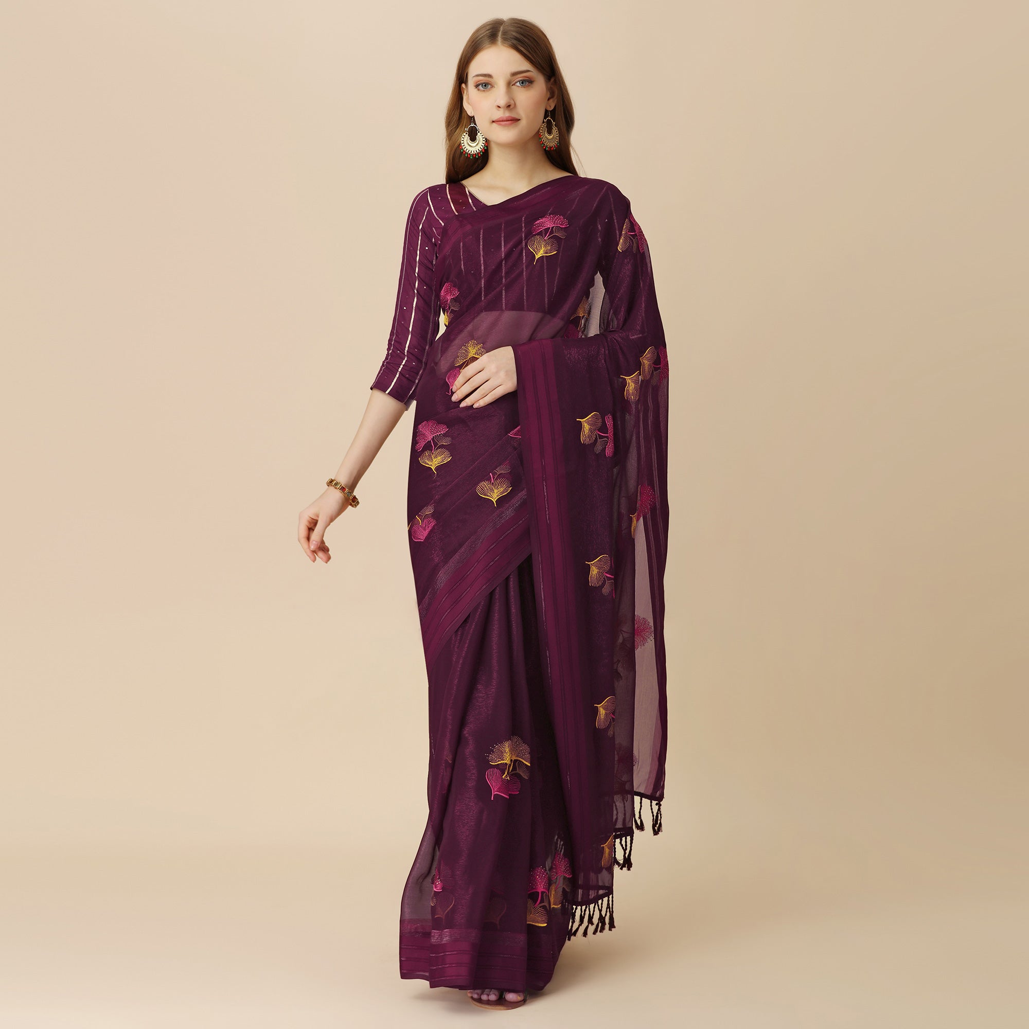 Wine Floral Embroidered Chiffon Saree With With Tassels