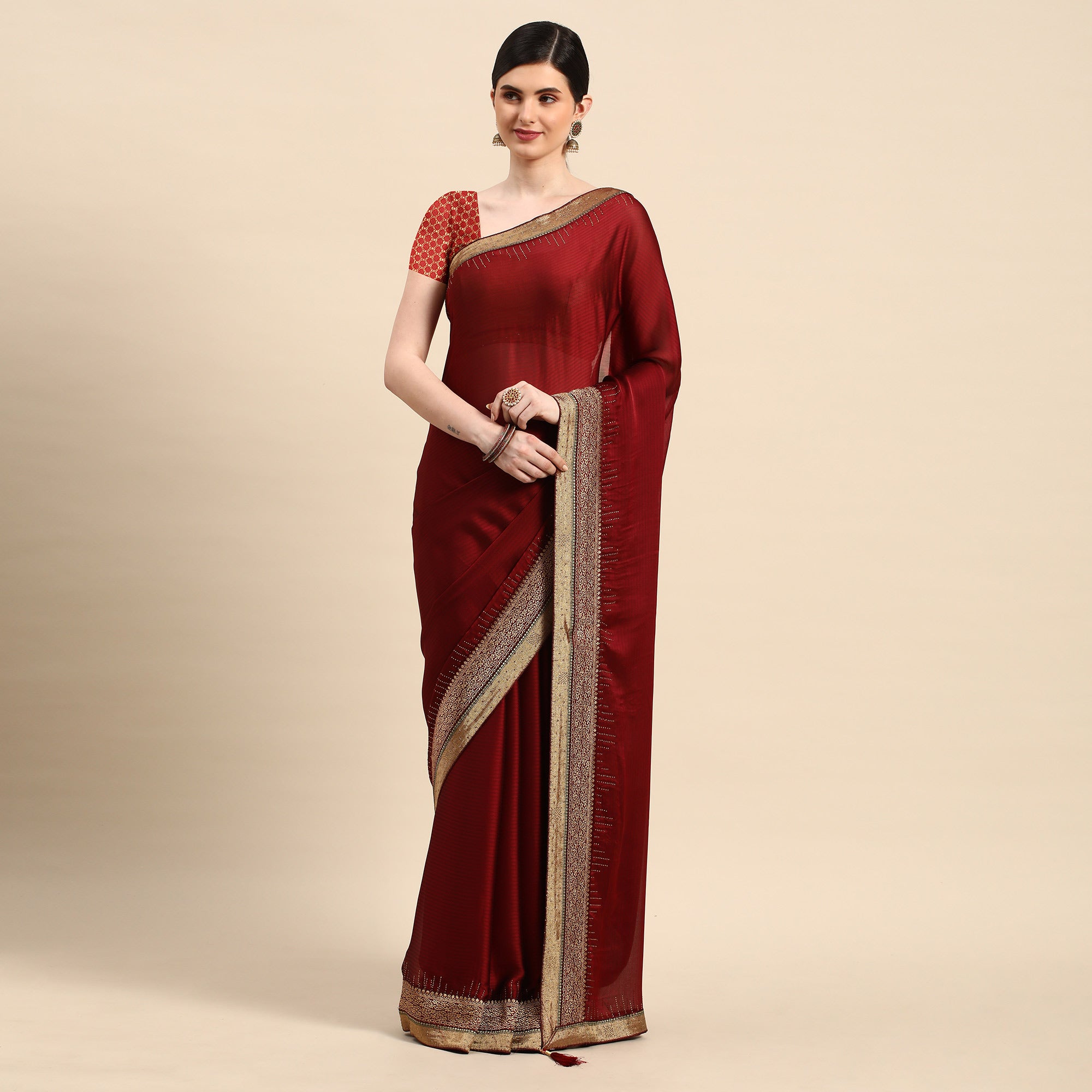 Maroon Swarovski With Fancy Border Satin Silk Saree
