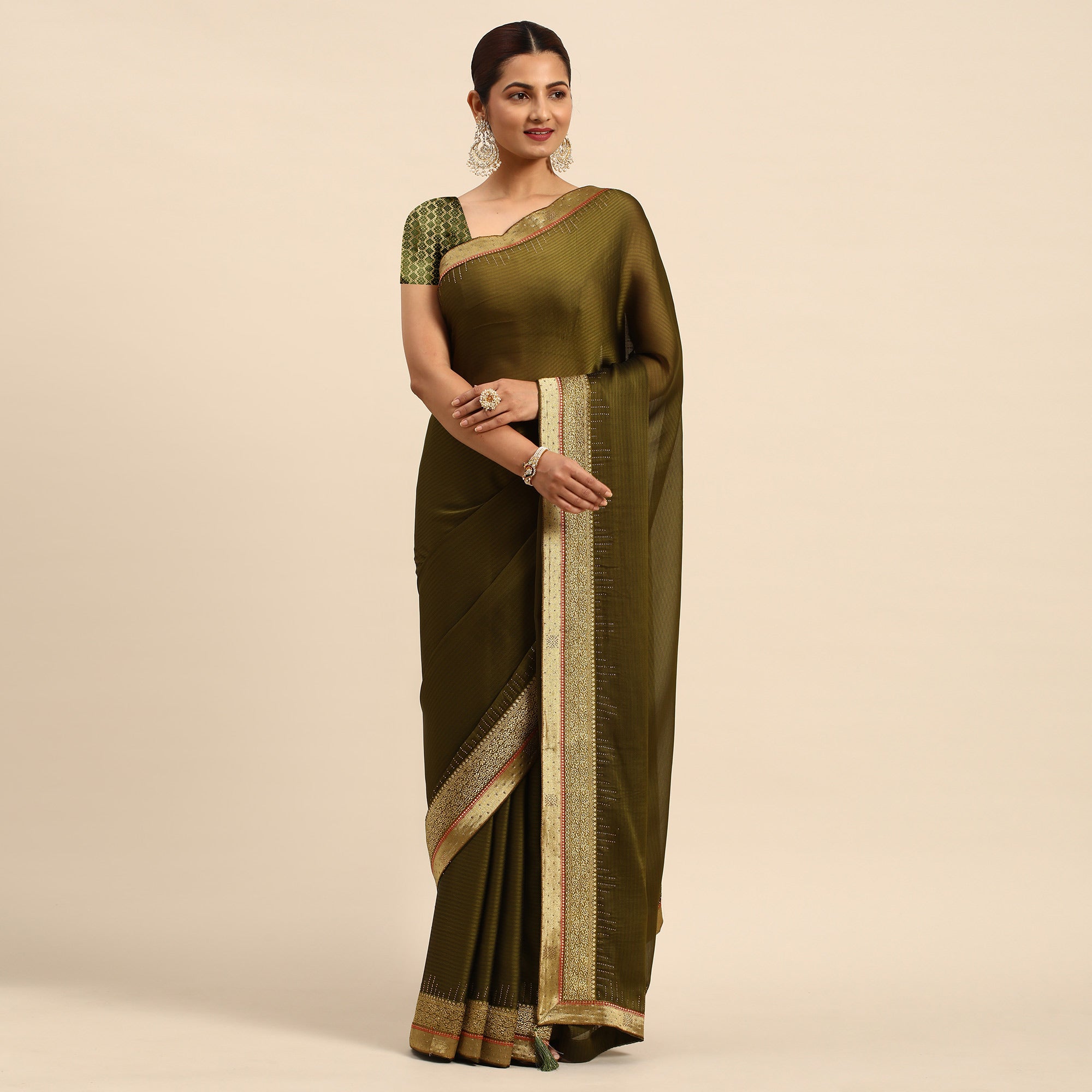 Mehendi Green Swarovski With Fancy Border Satin Silk Saree