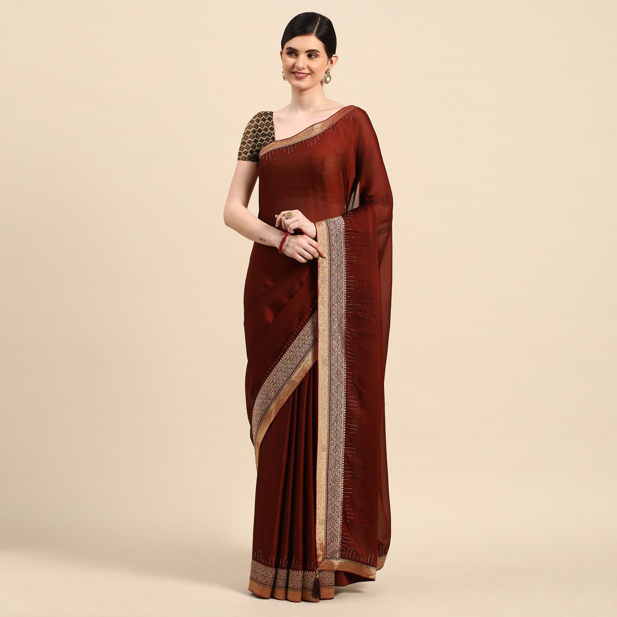 Rust Swarovski With Fancy Border Satin Silk Saree