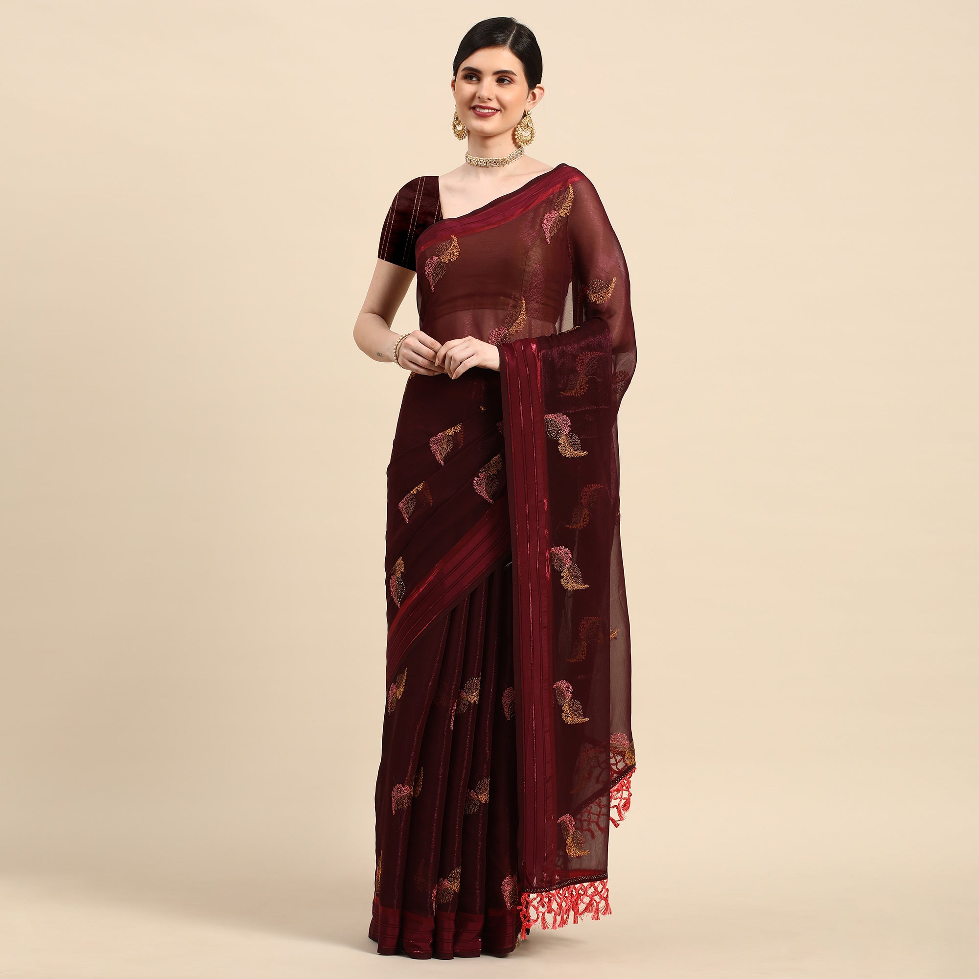 Wine Swarovski With Embroidery Work Chiffon Saree