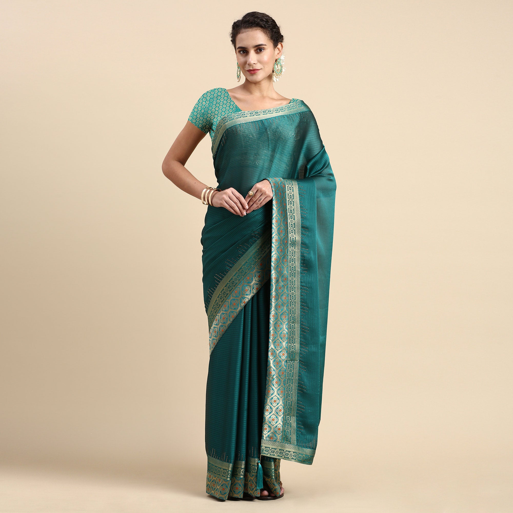 Turquoise Blue Swaroski Work With Woven Border Satin Saree