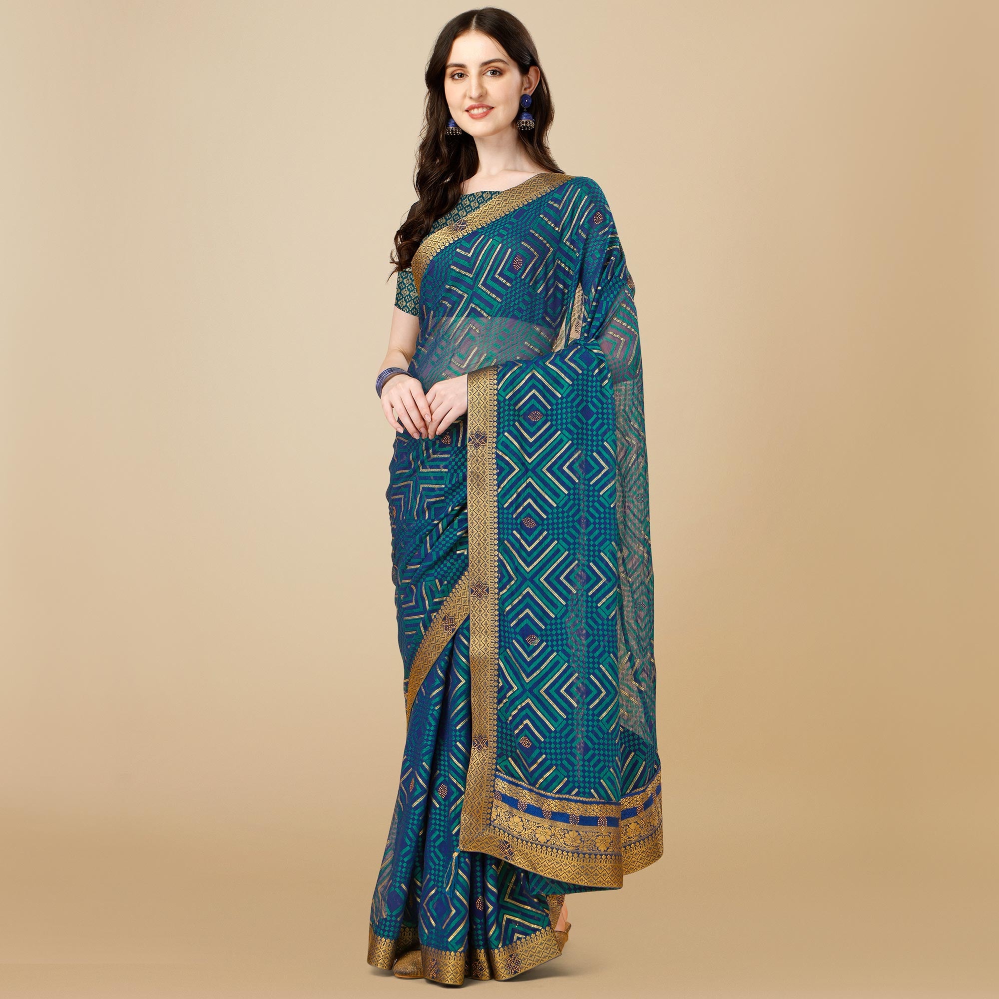 Blue Geometric Printed Brasso Saree