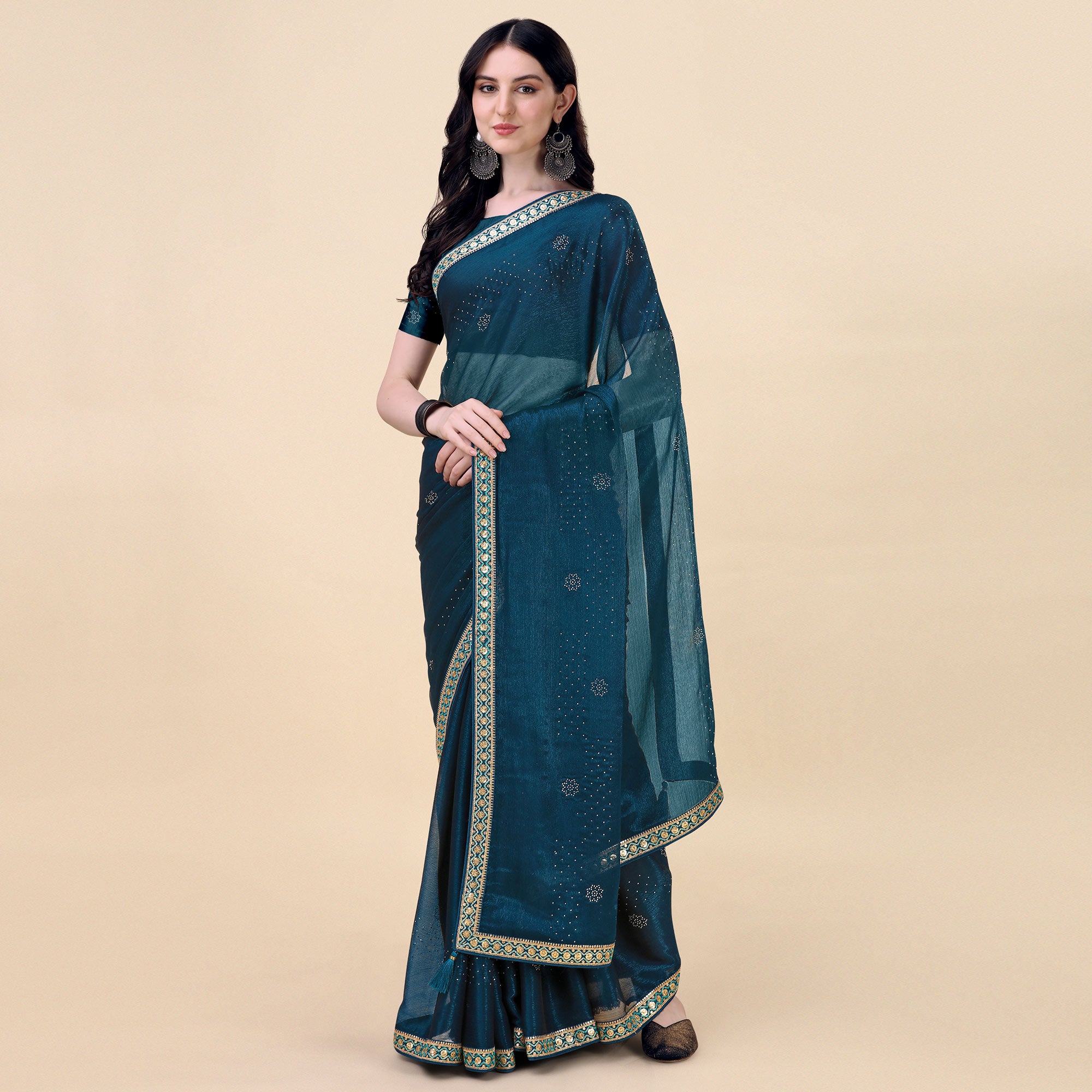 Teal Blue Swarovski With Sequins Embroidered Chiffon Saree