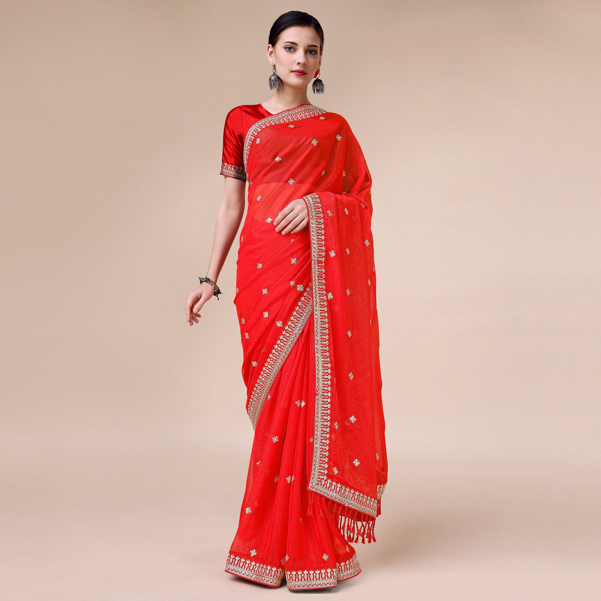 Red Sequins Embroidered Chiffon Saree