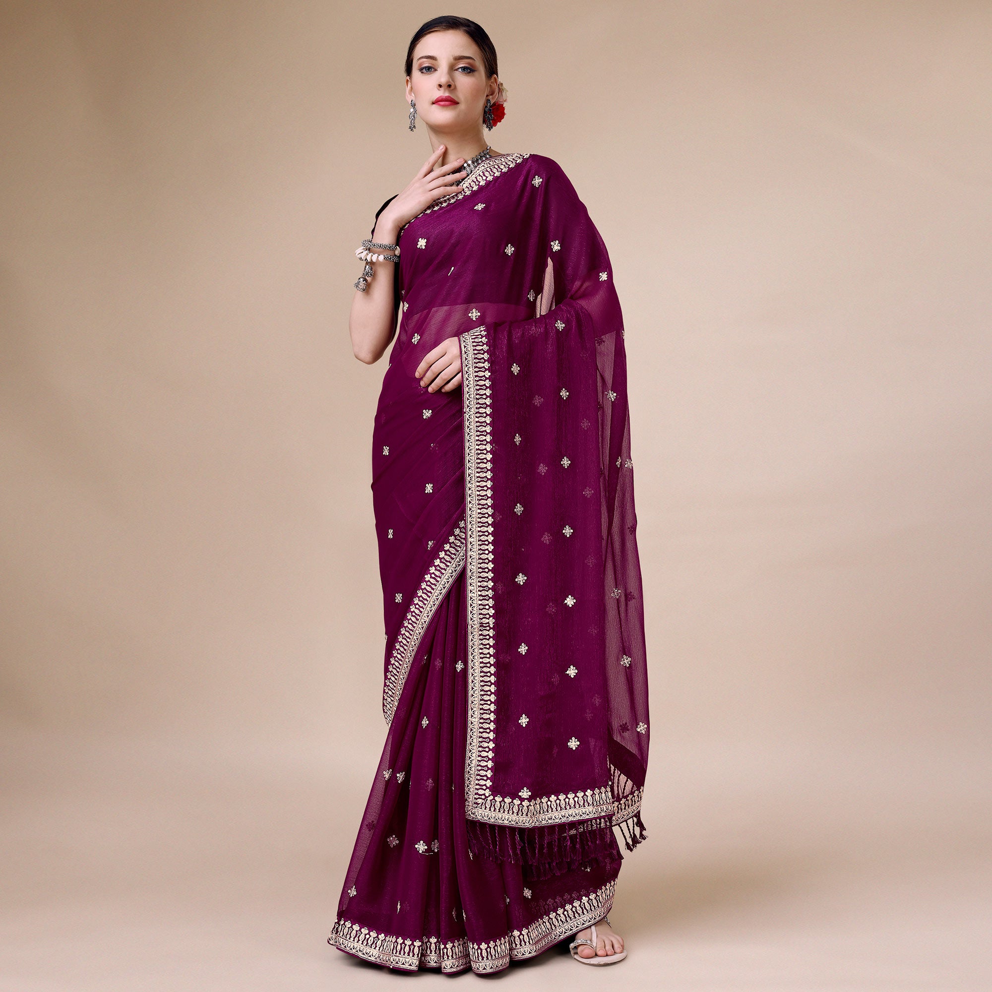 Wine Sequins Embroidered Chiffon Saree