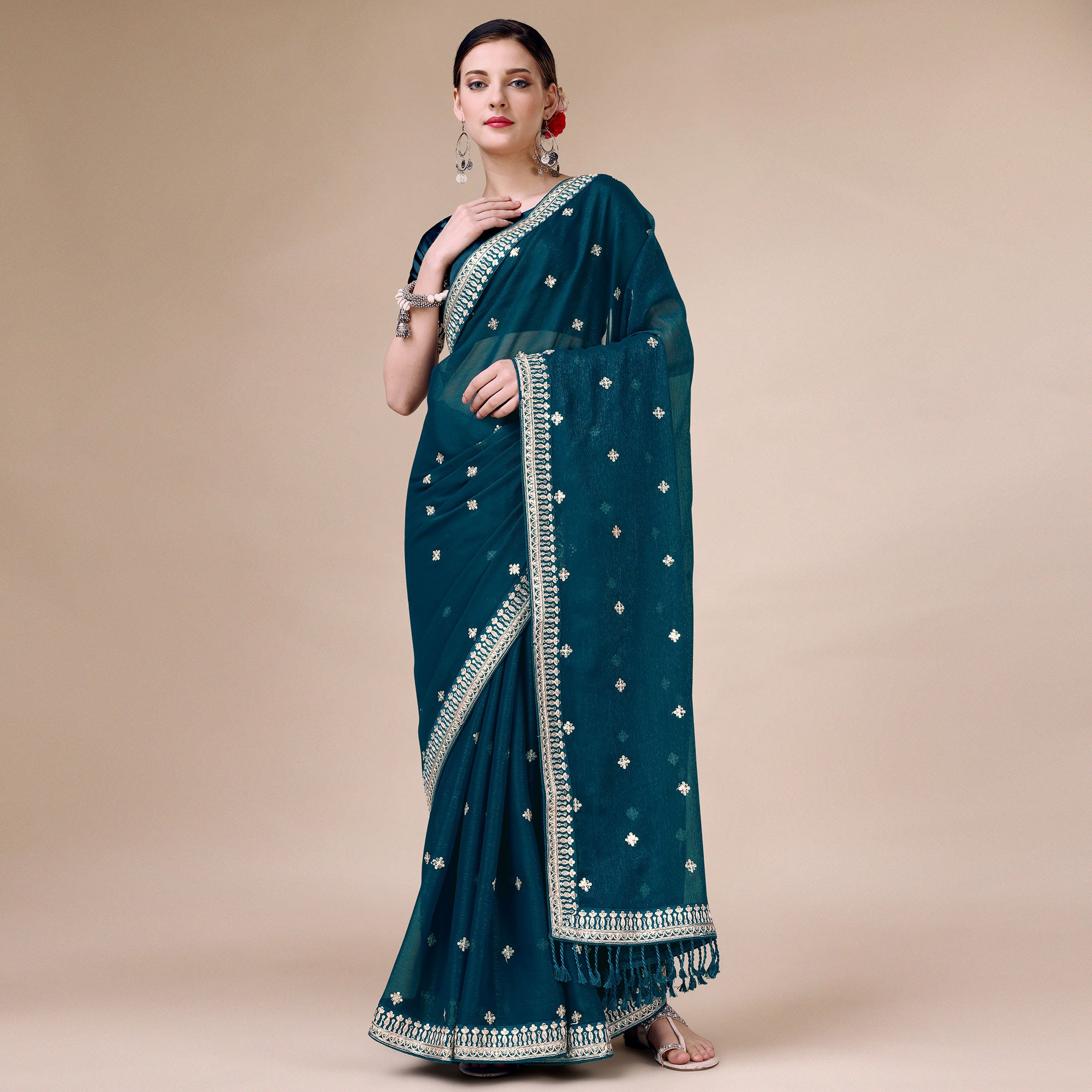 Teal Blue Sequins Embroidered Chiffon Saree