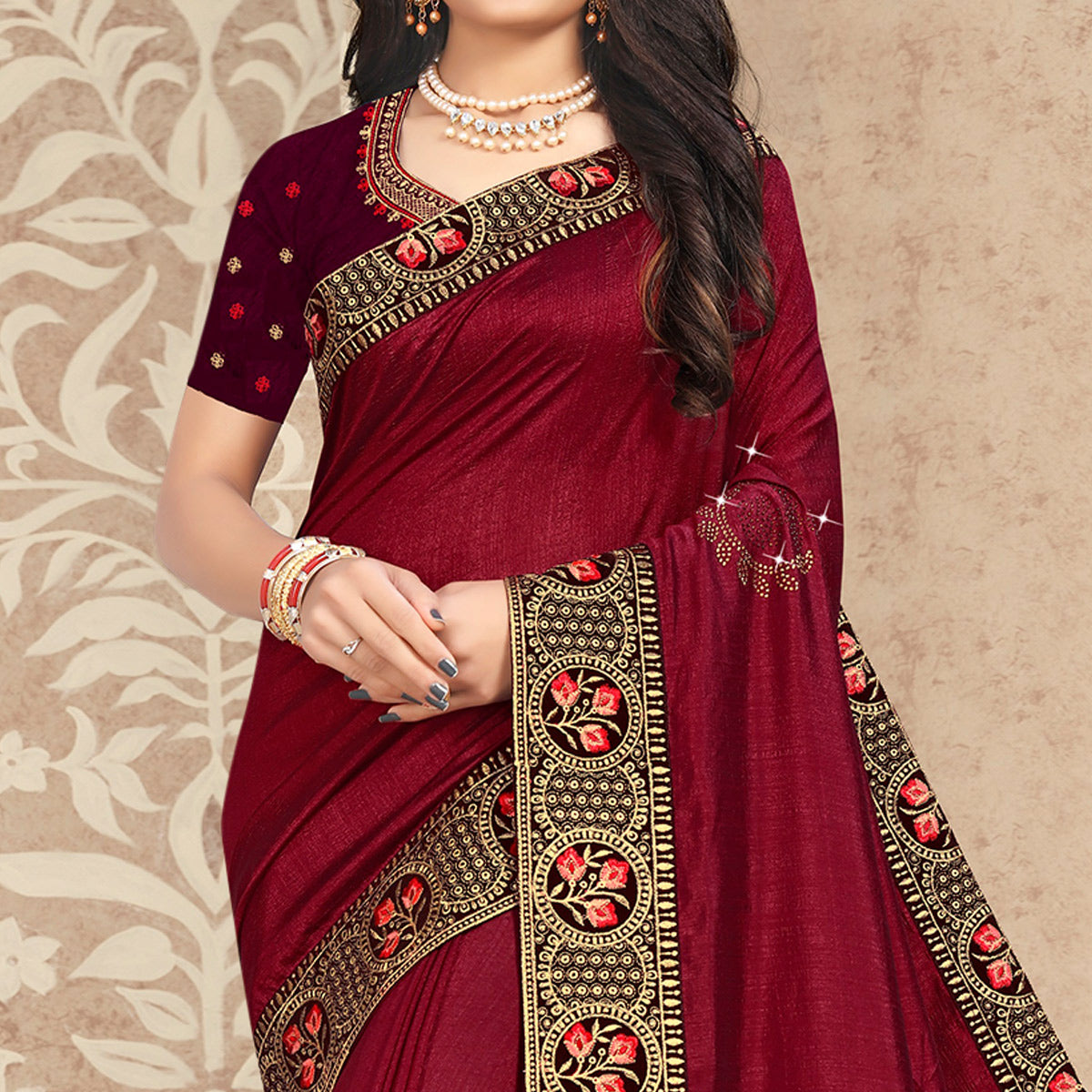 Maroon Embellished Vichitra Silk Saree