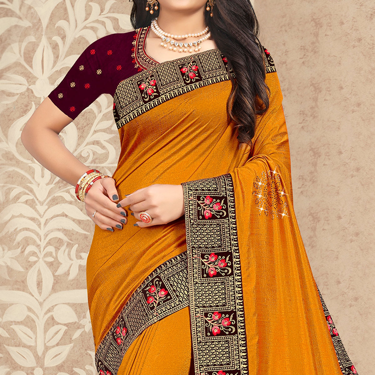 Yellow Embellished Vichitra Silk Saree