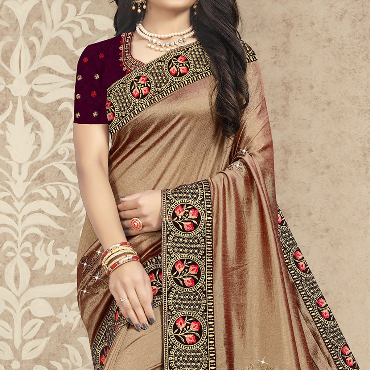 Beige Embellished Vichitra Silk Saree