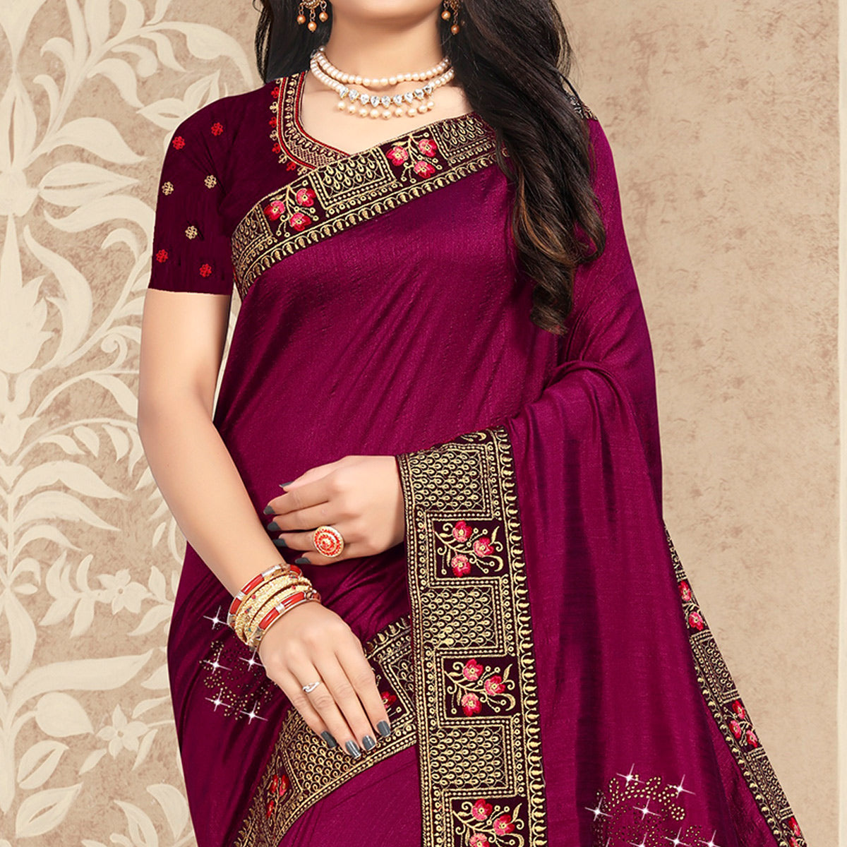 Wine Embellished Vichitra Silk Saree