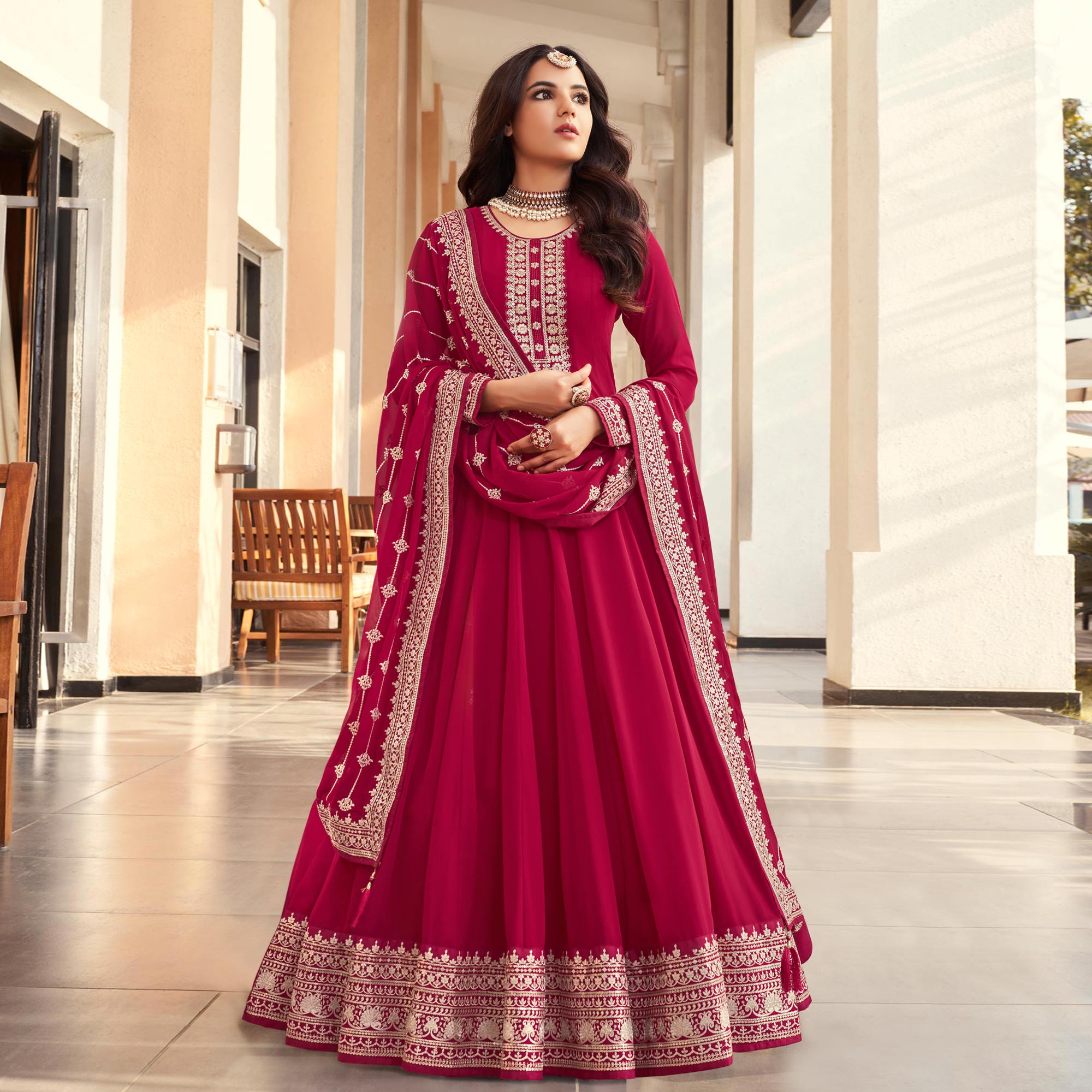 Pink Sequins Embroidered Georgette Semi Stitched Anarkali Suit