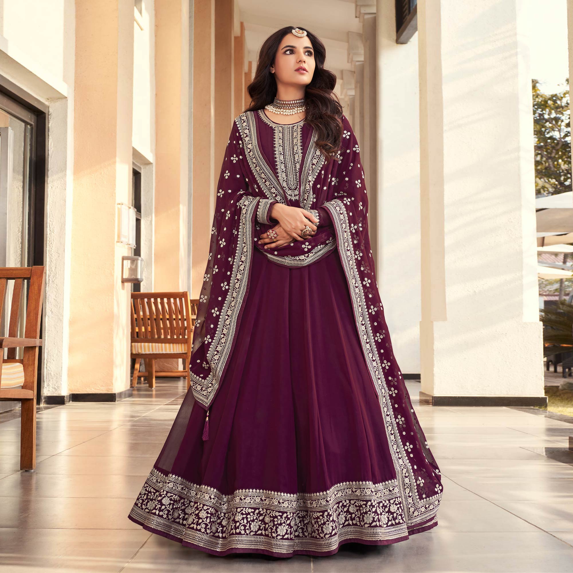 Wine Sequins Embroidered Georgette Semi Stitched Anarkali Suit
