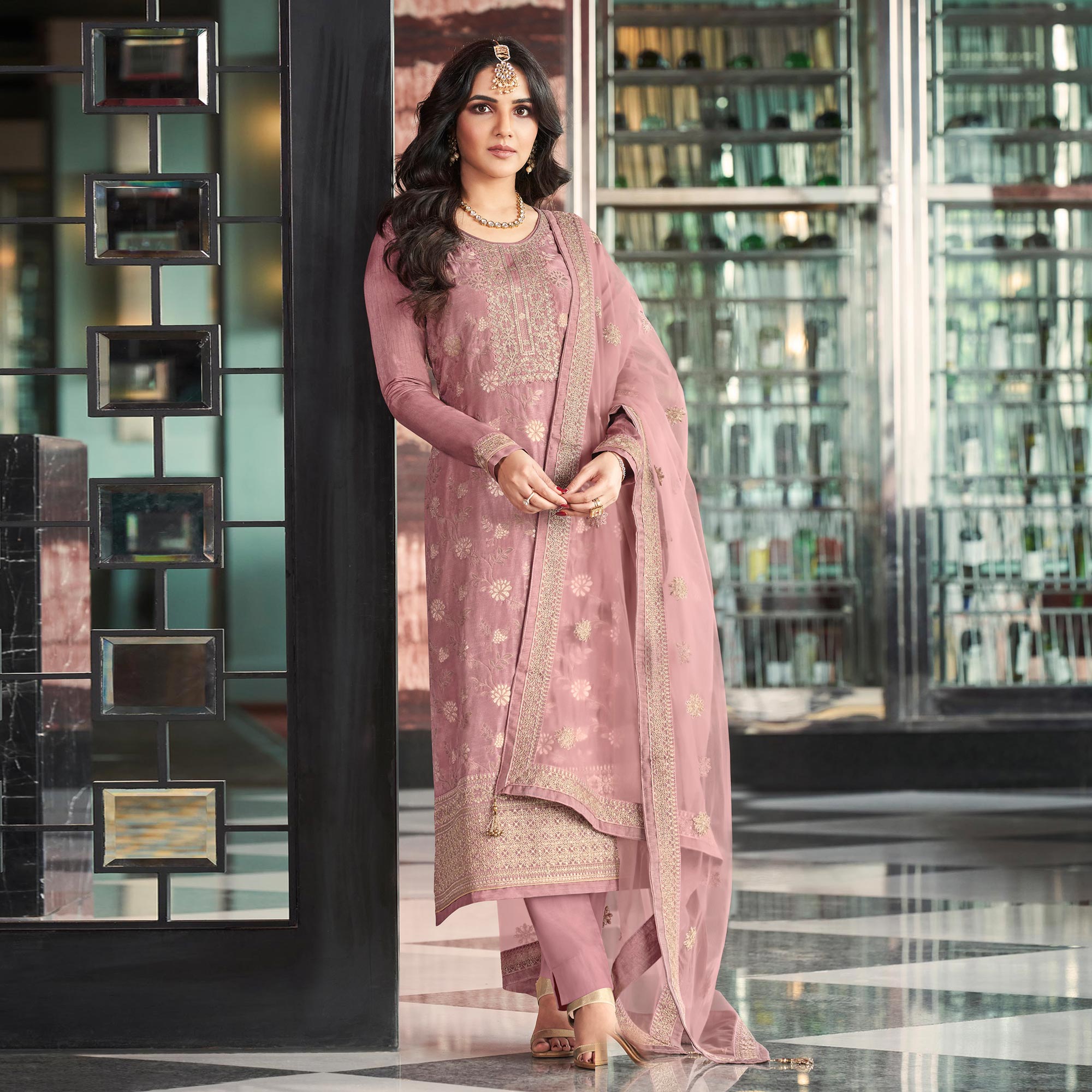 Mauve Embroidered Viscose Semi Stitched Salwar Suit