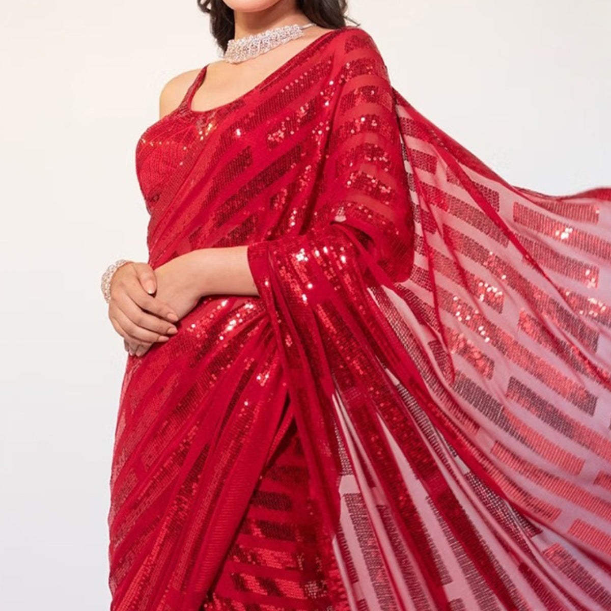 Red Sequins Embroidered Georgette Saree