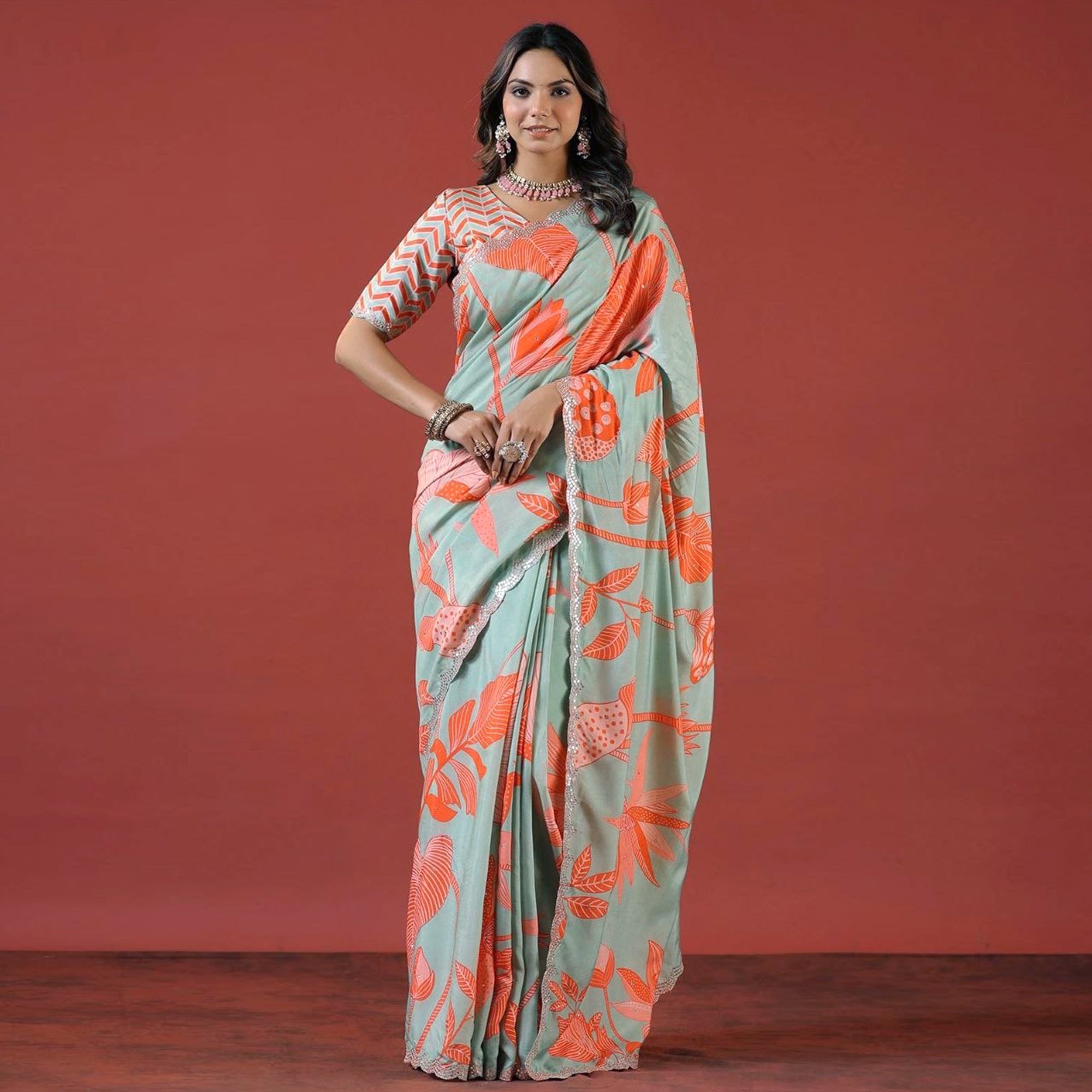 Turquoise & Orange Sequin Embroidered Vichitra Silk Saree