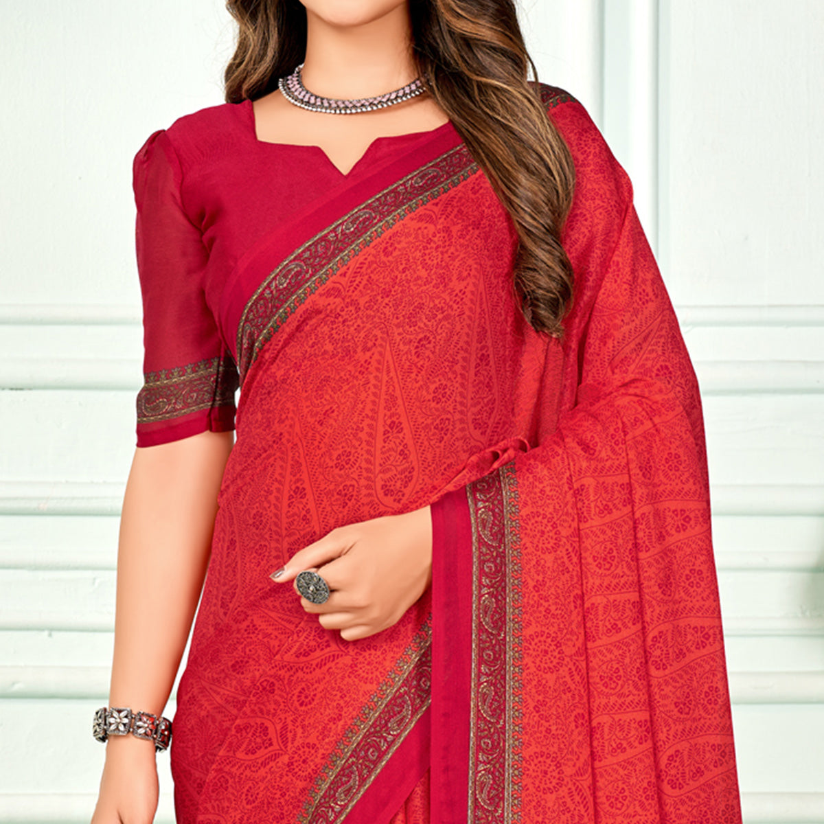 Red Floral Printed Chiffon Saree