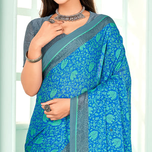 Blue Floral Printed Chiffon Saree