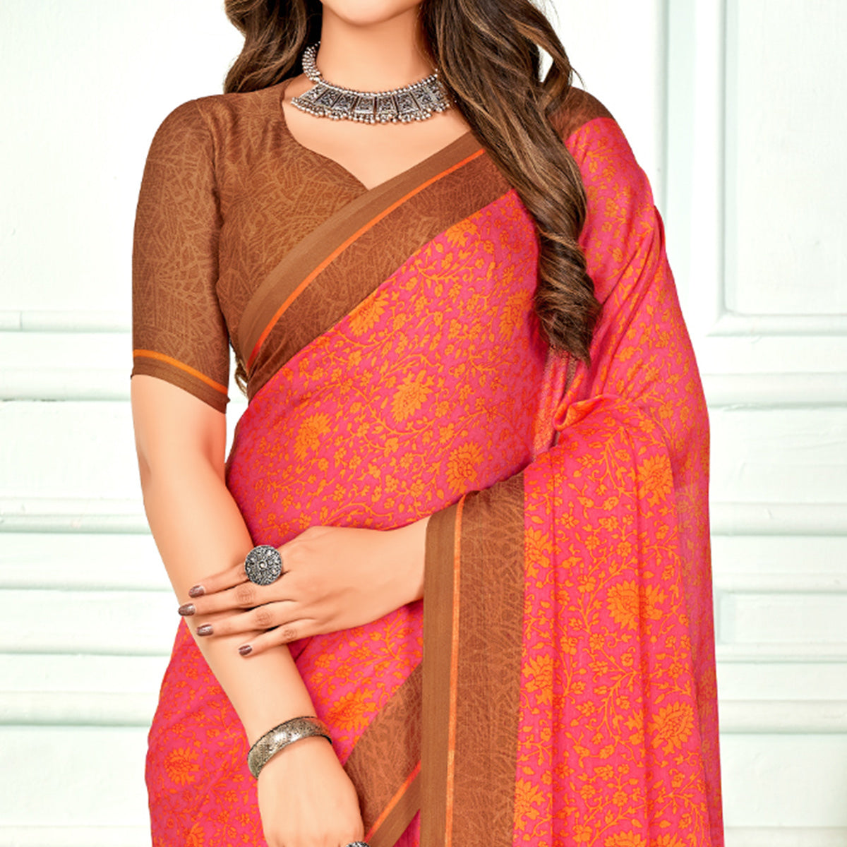 Salmon Pink Floral Printed Chiffon Saree