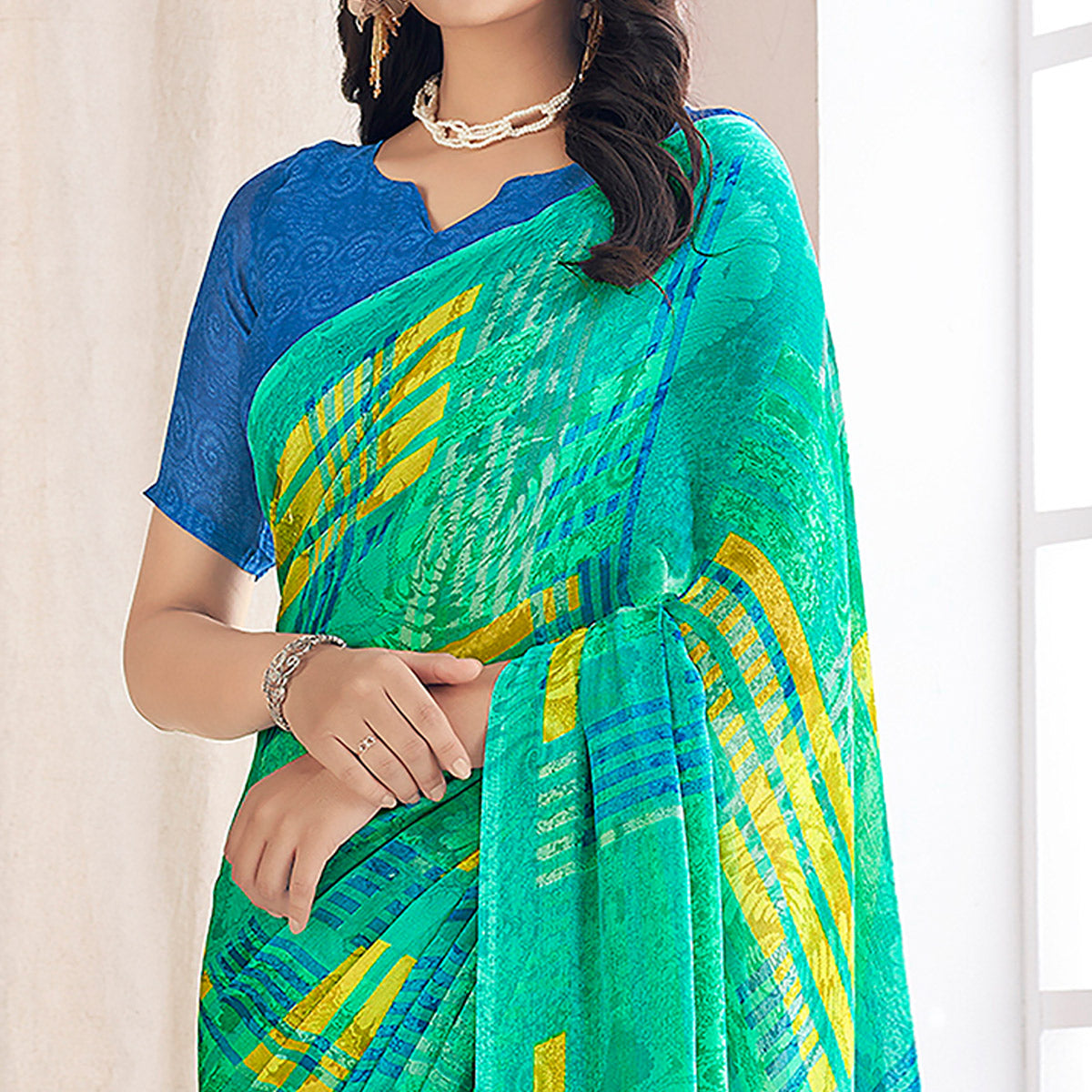 Sea Green Striped Printed Chiffon Saree