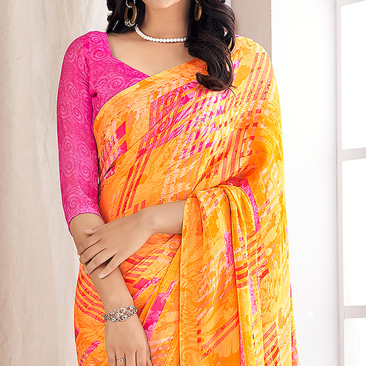 Yellow Striped Printed Chiffon Saree