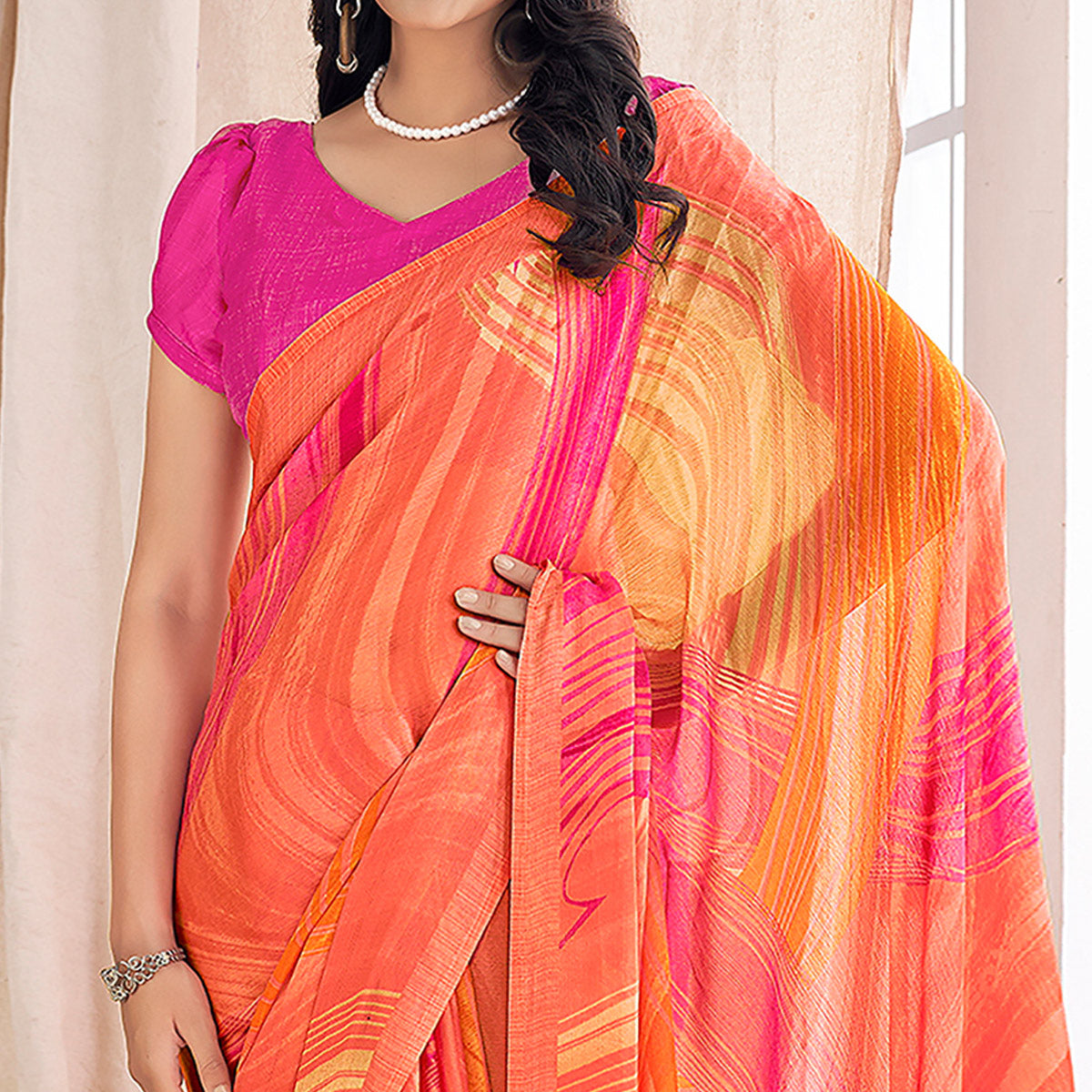 Salmon Pink Printed Chiffon Saree